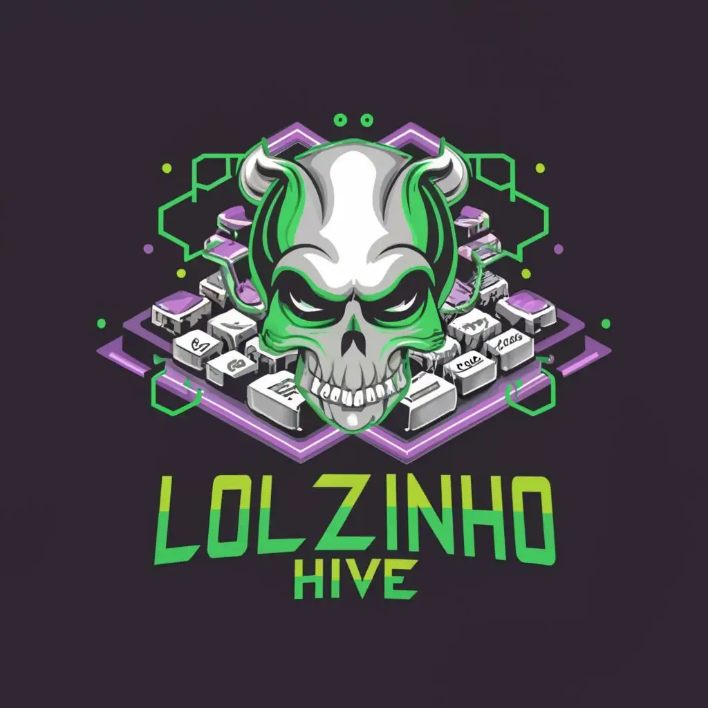 logo, cyberpunk style, with a skull in the middle and a gamer keyboard on the background, colors green, purple and a bit of gold, with the text "LOLZINHO HIVE", typography, be used in Technology industry
