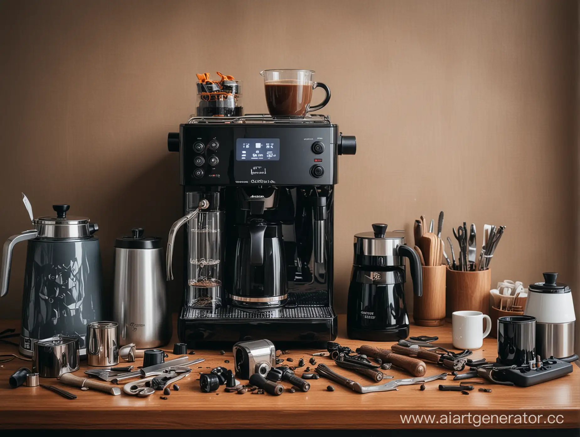 Фотография кофейной машины черного цвета дорогая рядом разные инструменты для ремонта в шикарном доме