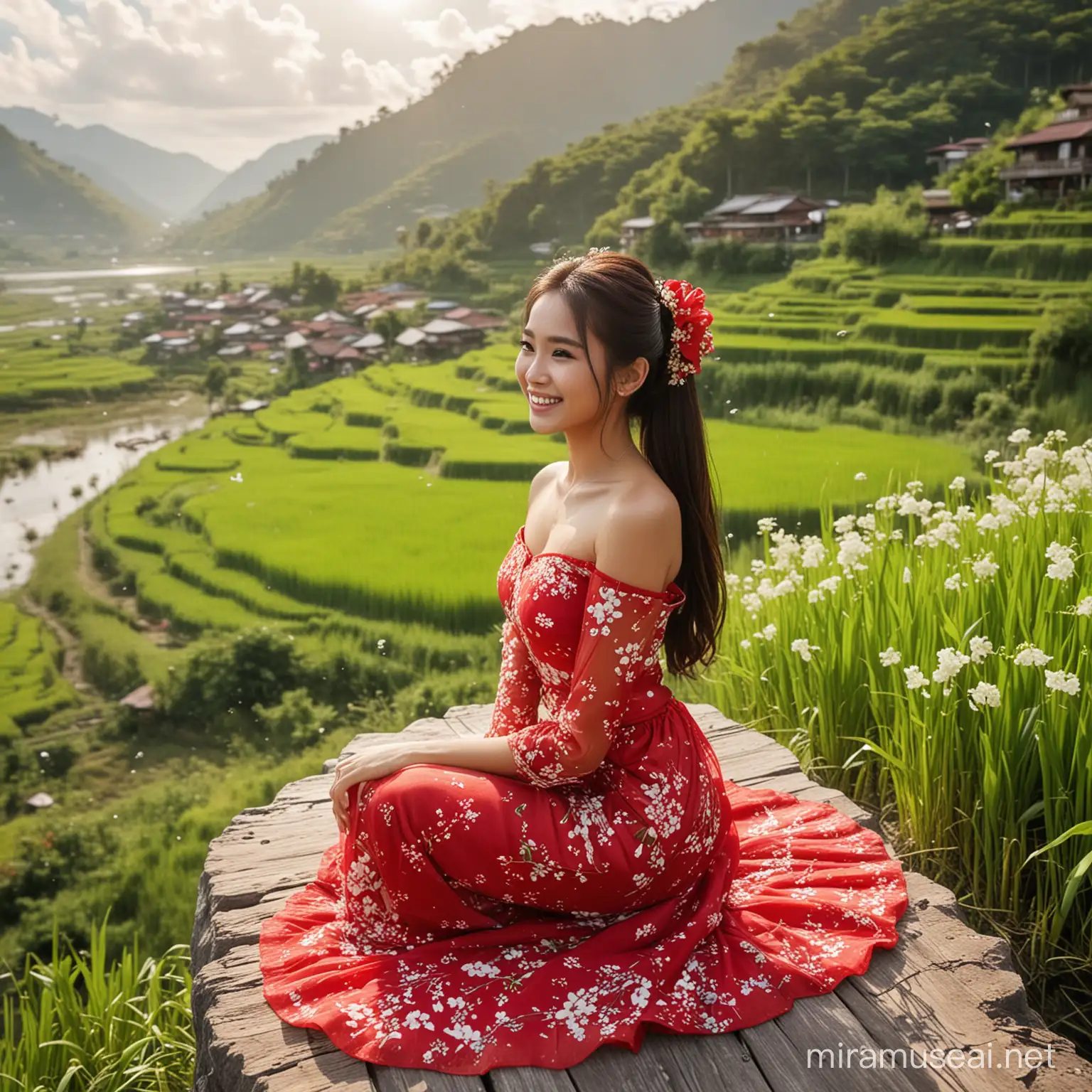 Indonesian Girl in Red Kebaya Dress Posing on a Rock with Green Rice Fields and Serene Waterfront