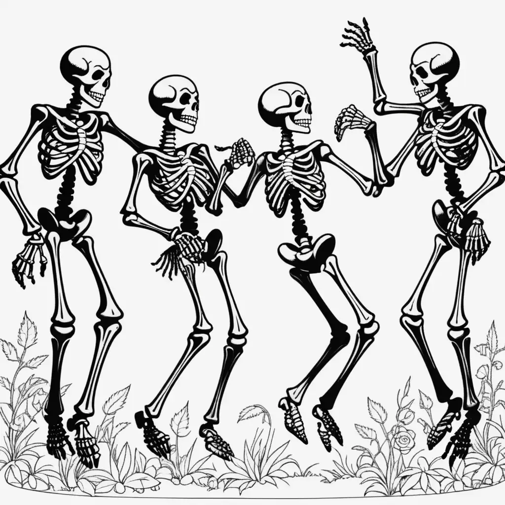 Erstelle mir ein Ausmalbild in schwarz-weiß von tanzenden Skeletten