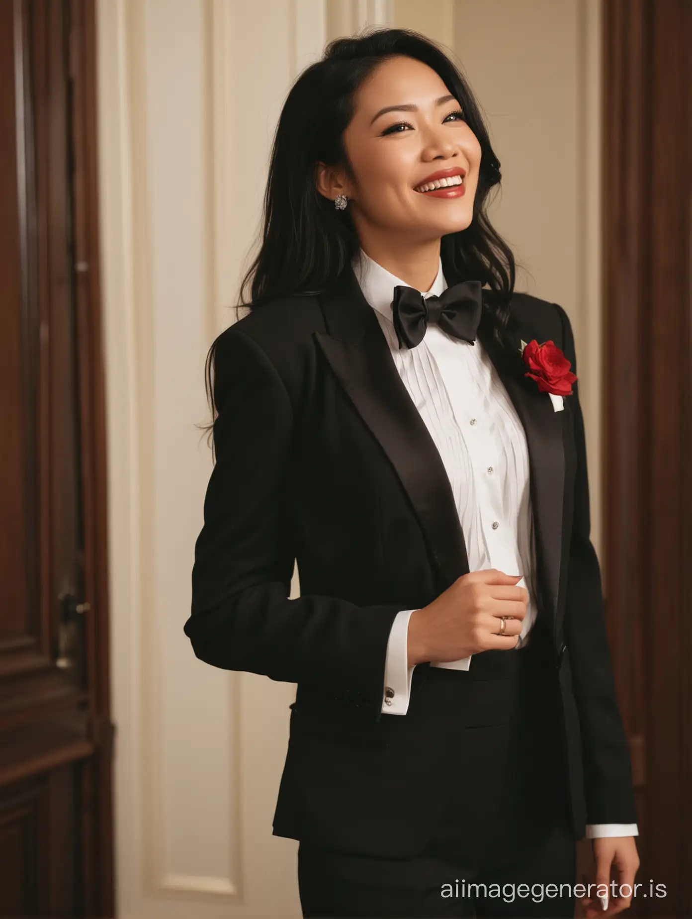 The scene is a dimly lit room in a wealthy mansion. A beautiful 40 year old laughing vietnamese woman  with tan skin, long black hair, and lipstick, mid-twenties of age, is standing in the corner of a room. She is wearing a tuxedo with a black jacket.  The jacket has a corsage. Her shirt is white with double french cuffs and a wing collar.  Her bowtie is black.   Her cufflinks are large and black.  