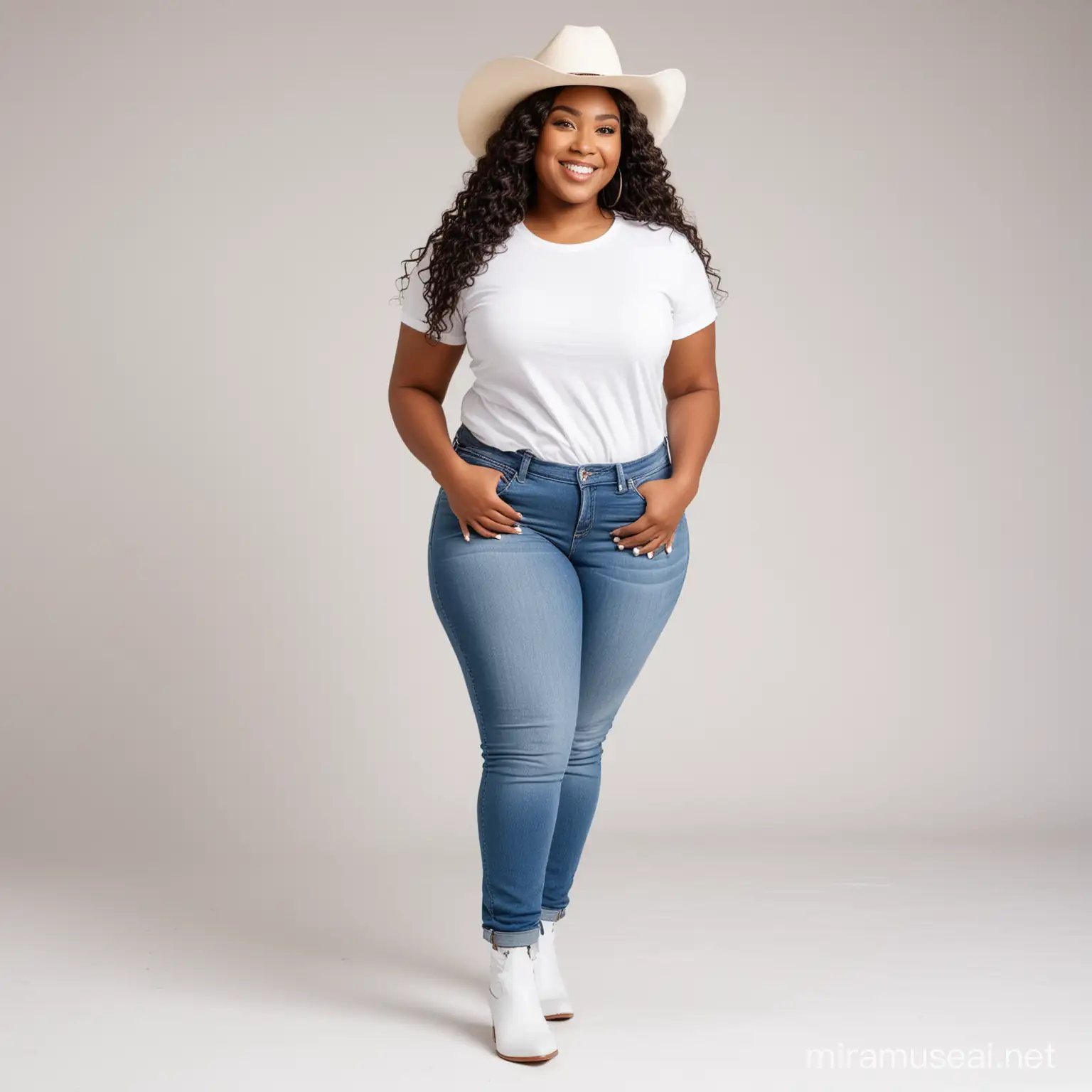 Smiling Plus Size African American Woman in White Cowboy Hat and Boots