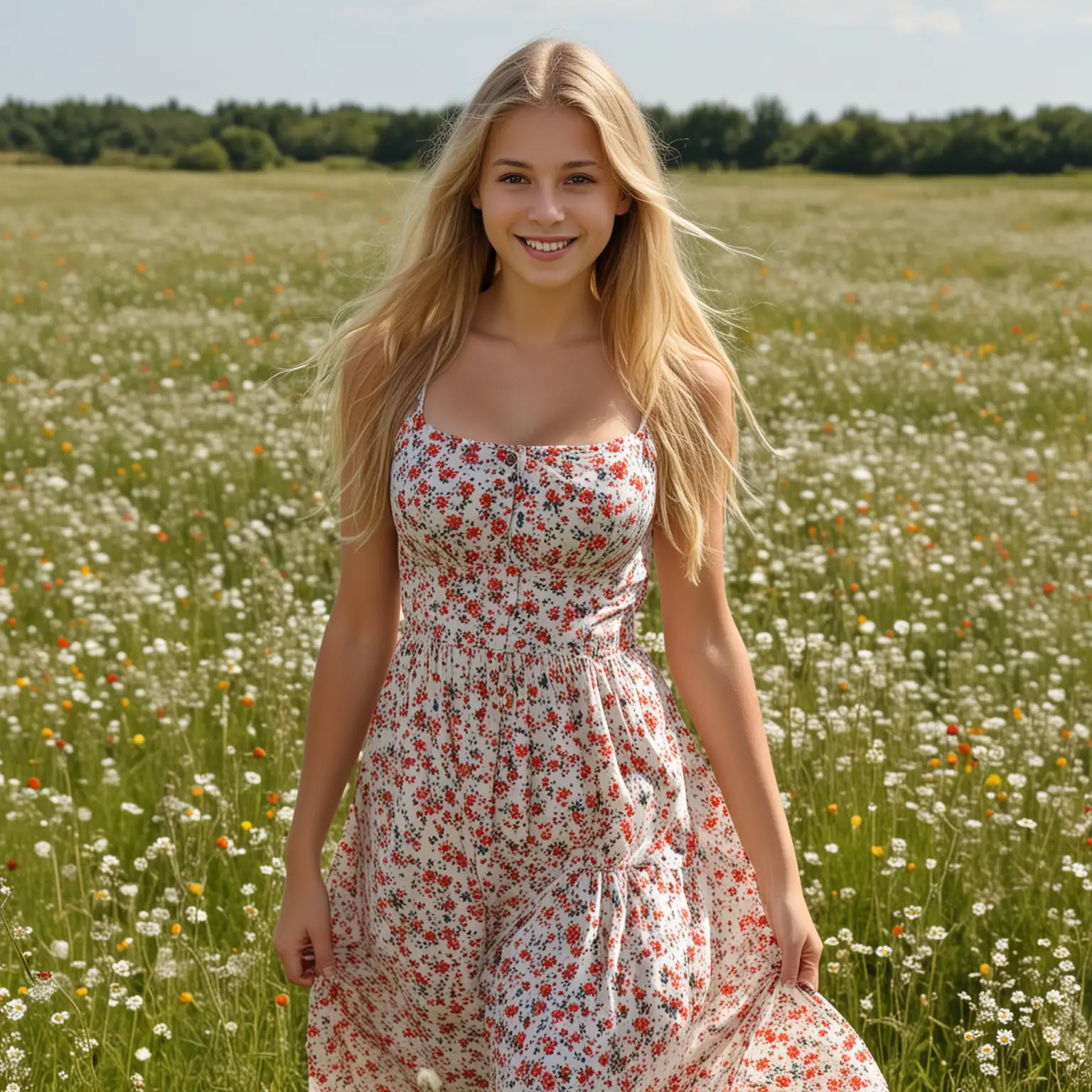 Top Model aus Frankreich, blond, lange haare, 16 jahre, sehr großer busen, läuft im sommerkleid über eine Blumenwiese, gut gelaunt, lächelt
