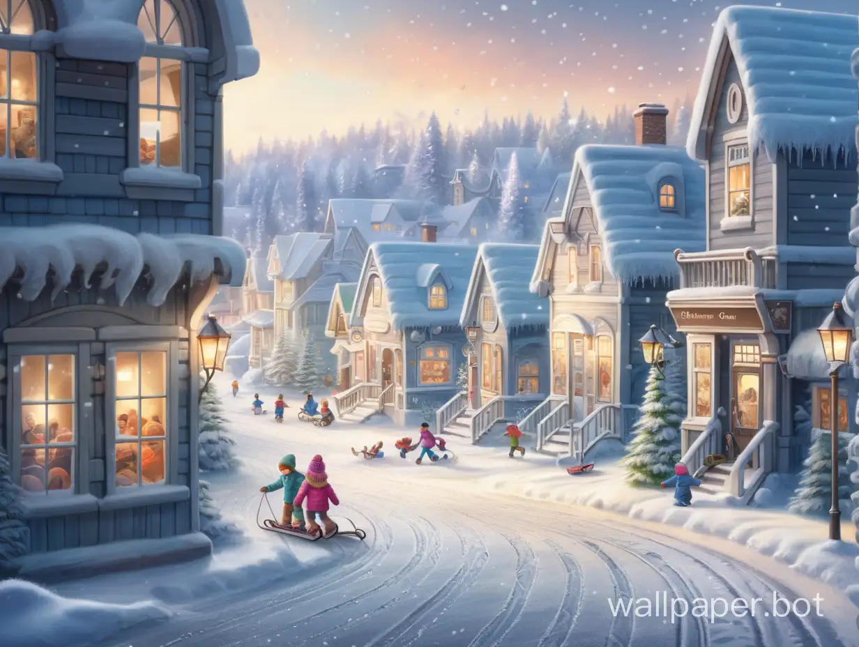 winter, a small town in the snow, frosty patterns on the windows, snow falling, children playing in the snow, sledding on the road