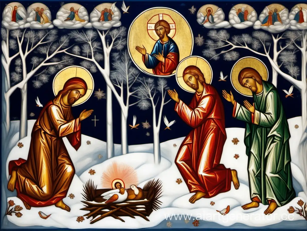 Христианская икона где 2 мальчика замёрзли в лесу зимой и Христос согревает их и посылает духа святого в куропатке белой