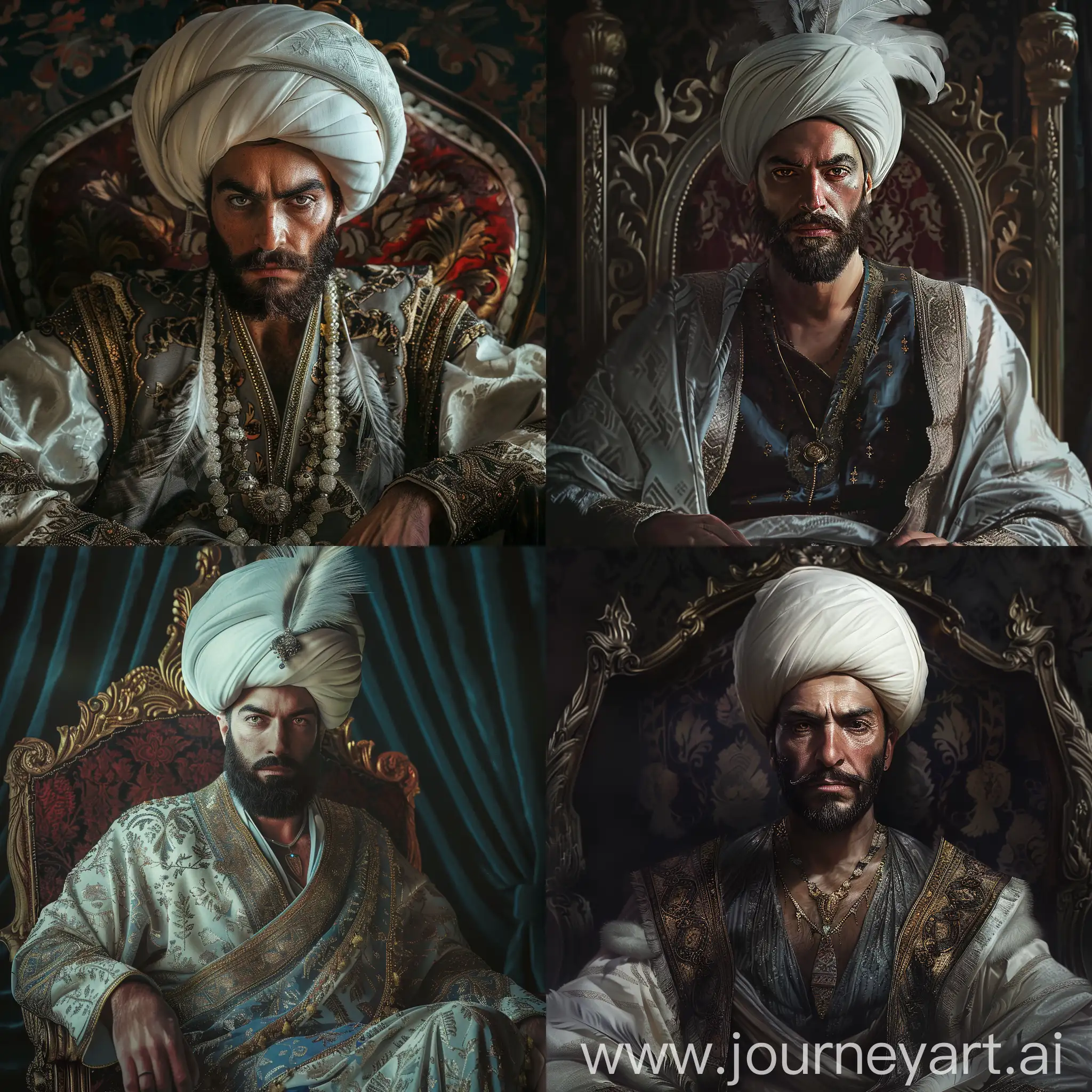 Safavid ruler on his throne, depicted in luxury caftan and white turban with feathers on it, he has average beard, strong eyebrows and pale skin, cinematic lighting, realistic image