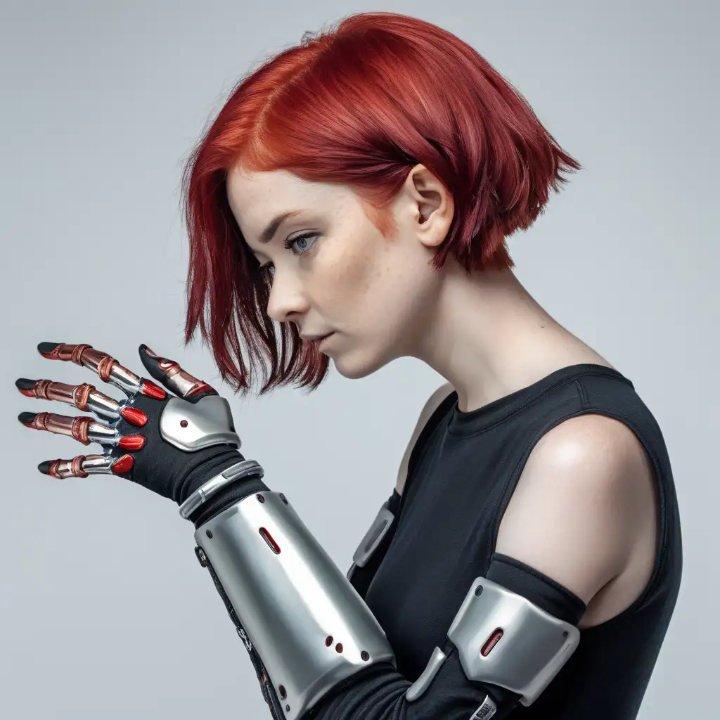 short woman woman, Red-hair, prosthetic arms