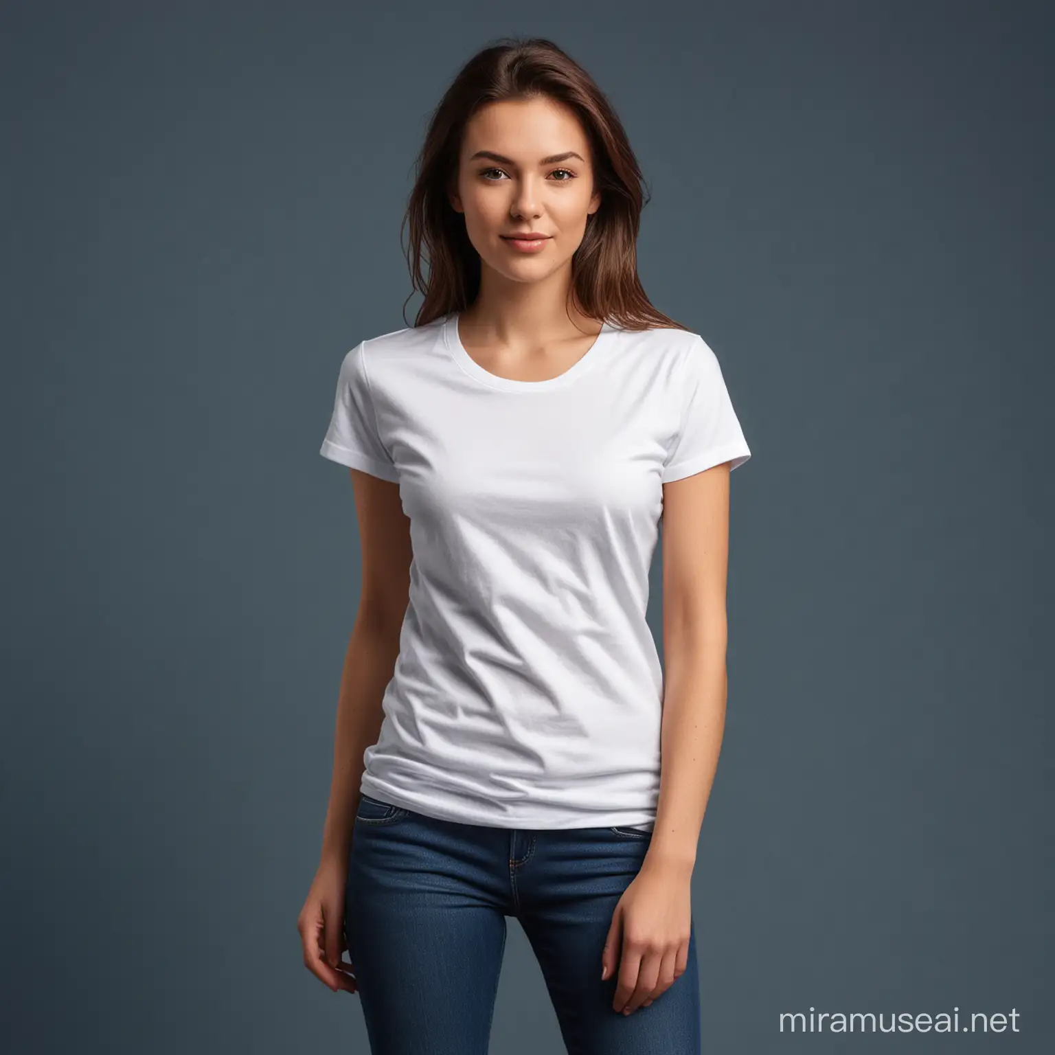 create for me a female model wearing a white T-shirt without prints, with a navy background.