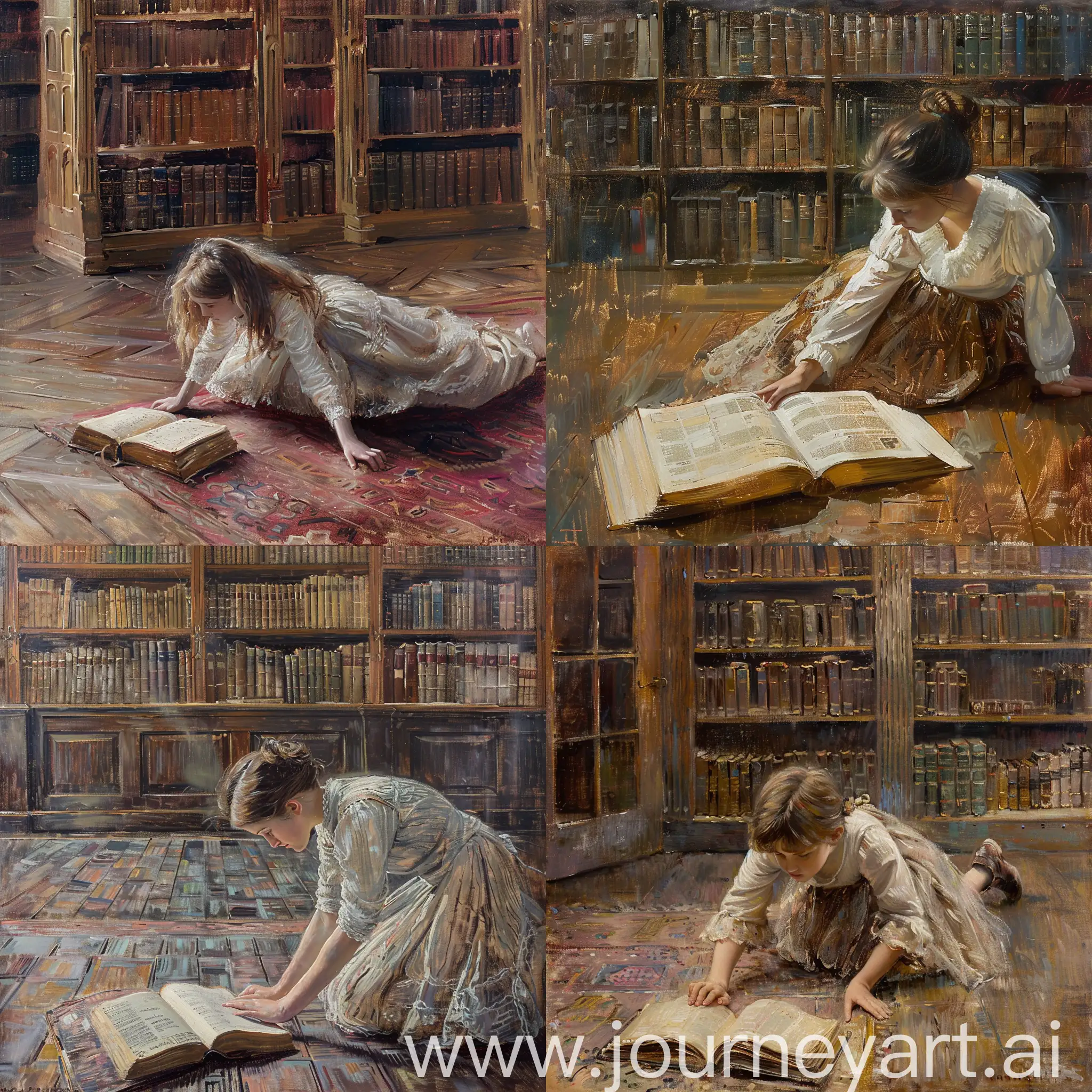 Impressionism, oil painting, scene of the 19th century, Girl seen on the floor with an open book, in the background is an old library