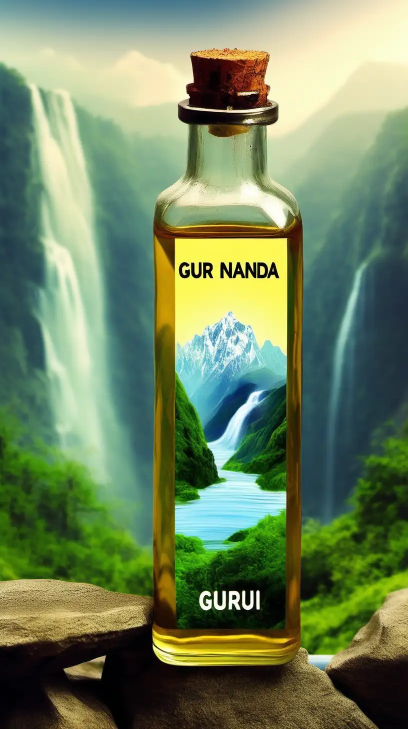 use an oil filled bottle with label "GURU Nanda oil"  and surround it with nature could be on mountains , around waterfall anything in that sense also put natural ingrediants around it 