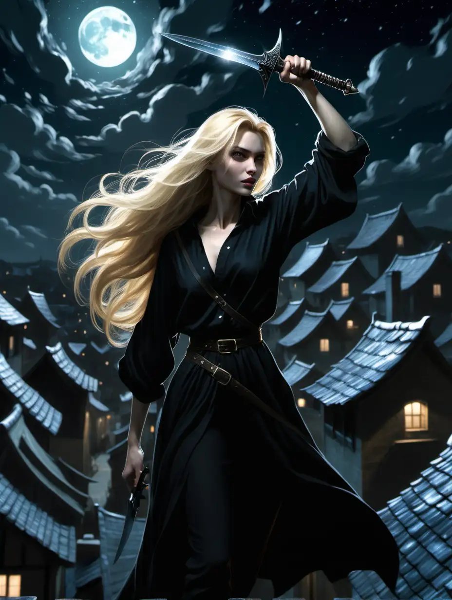 a woman with flowing blonde hair in black clothes holds a small shining dagger as she scales the rooftops of a village in the moonlight

