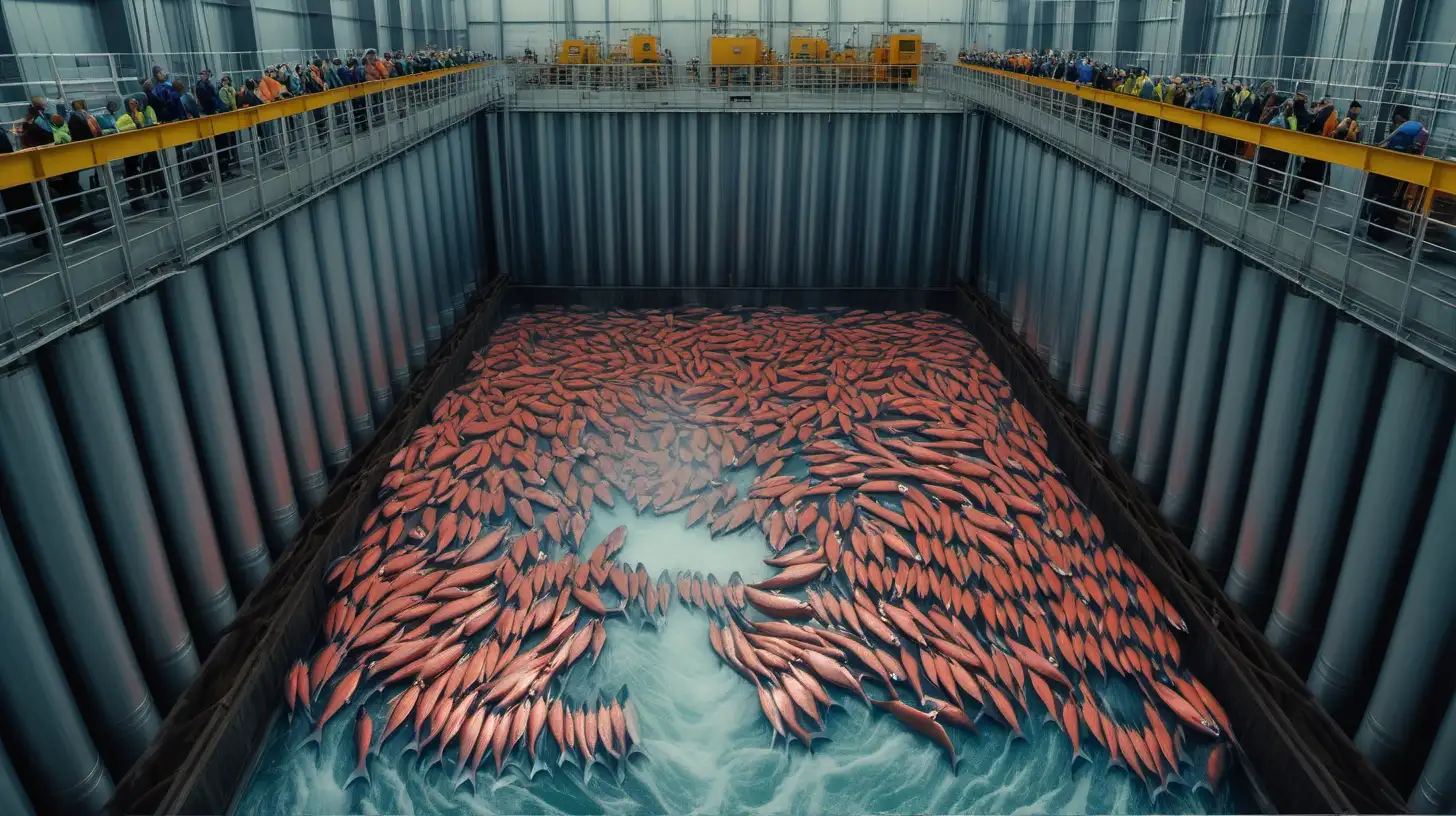 Create an image of a large group of people visiting a large factory that is producing salmon in huge water tanks.