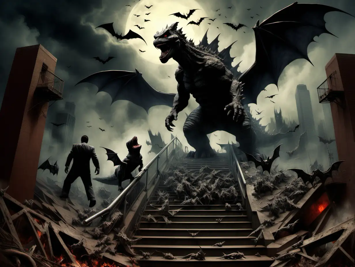 Stairway to Hell with Godzilla and vampire bats in style of post-apocalyptic and photorealism by frank frazetta