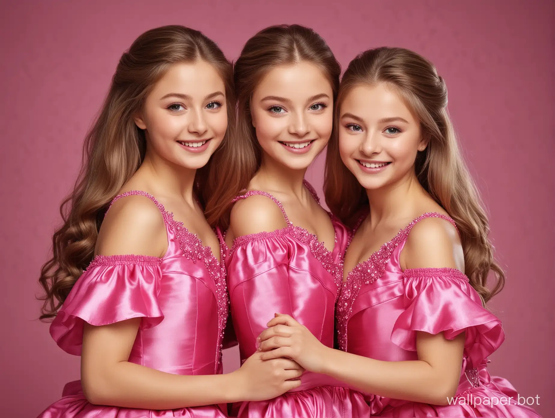 Yulia Lipnitskaya twins smile with long silky hair embrance in pink fuchsia silk dresses