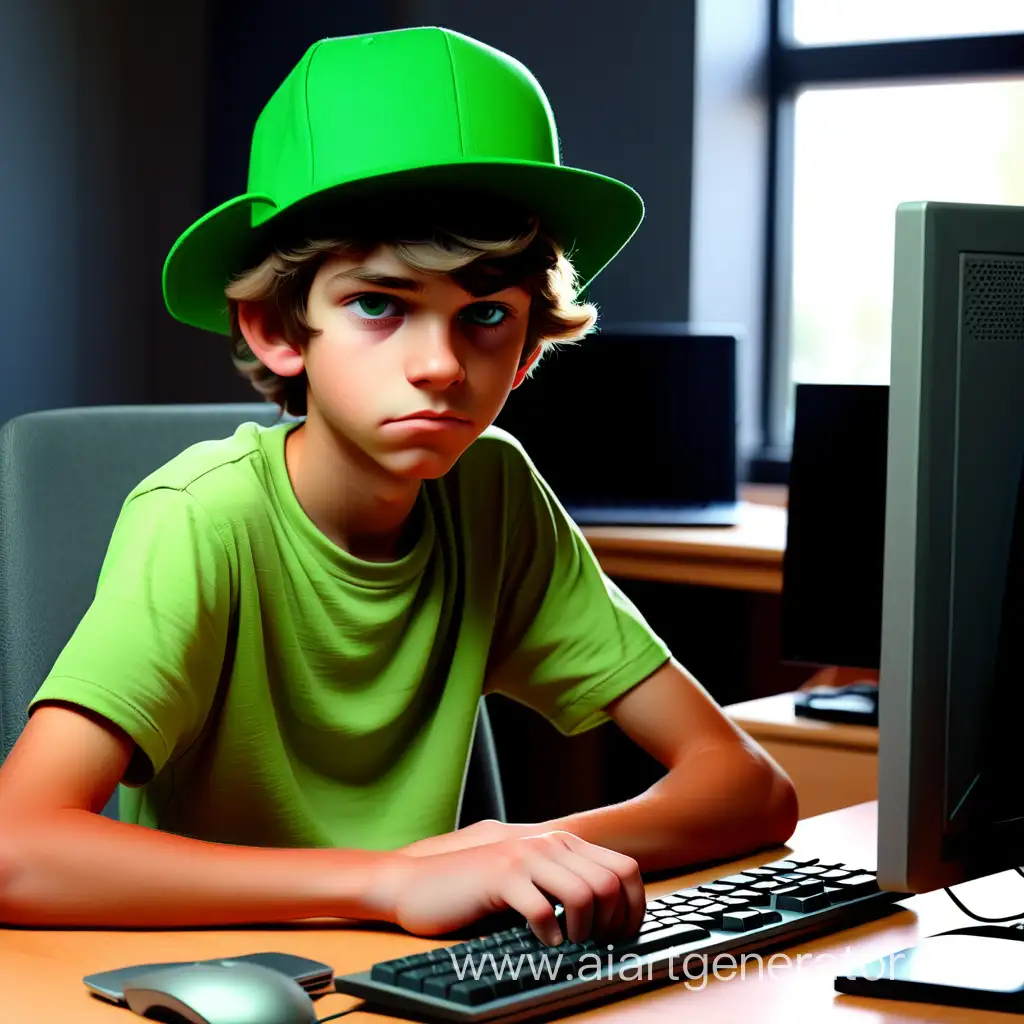 уверенный мальчик-подросток в зелёной шляпе сидит за компьютером 