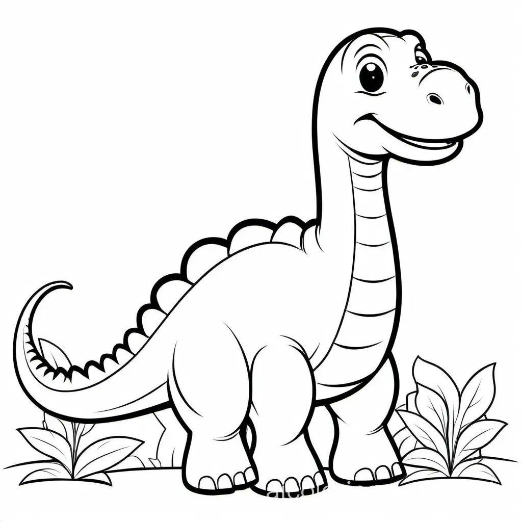 Cute Brontosaurus without background 
For kid, Coloring Page, black and white, line art, white background, Simplicity, Ample White Space. The background of the coloring page is plain white to make it easy for young children to color within the lines. The outlines of all the subjects are easy to distinguish, making it simple for kids to color without too much difficulty