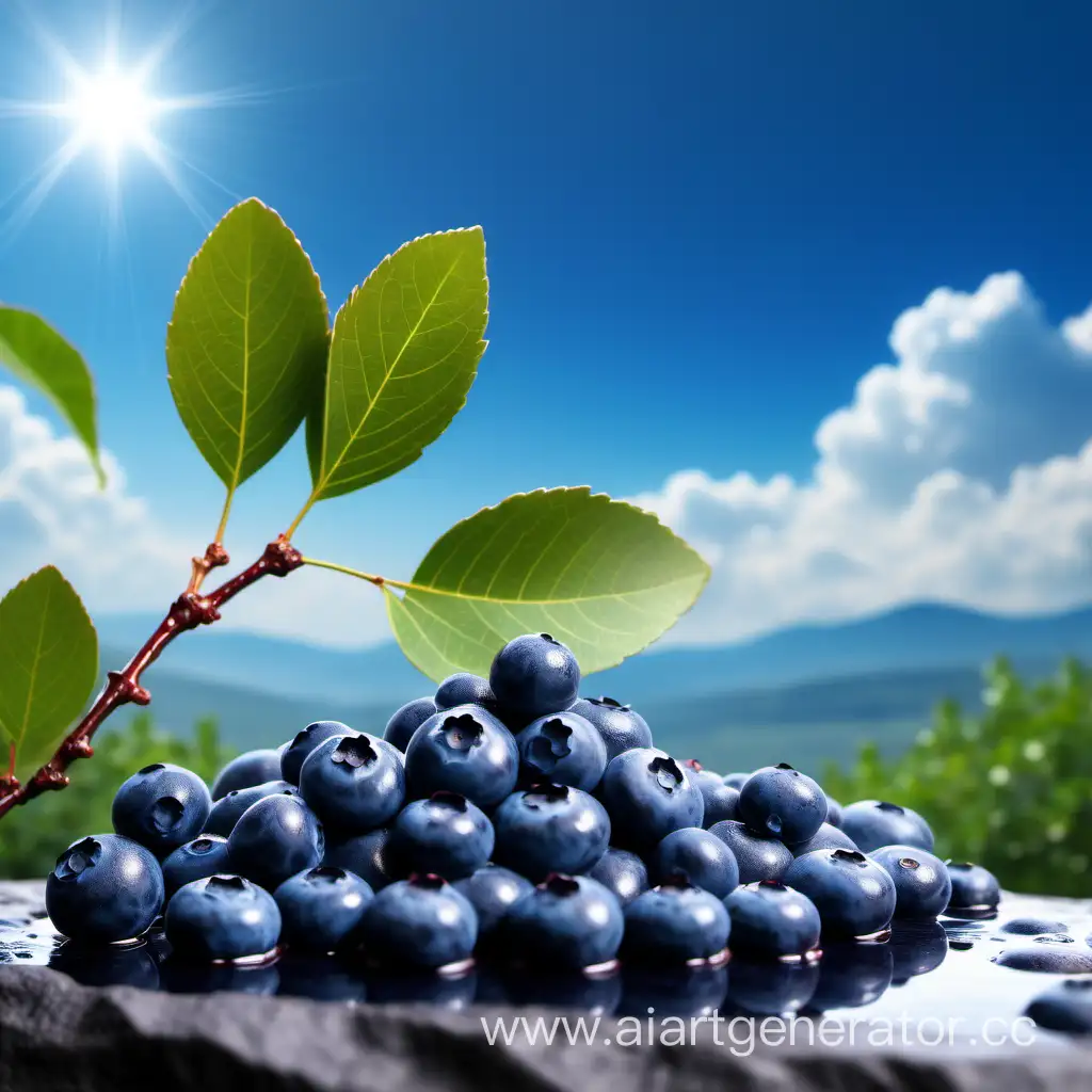 Blueberries-on-Wet-Stone-with-Branches-and-Sky-Background