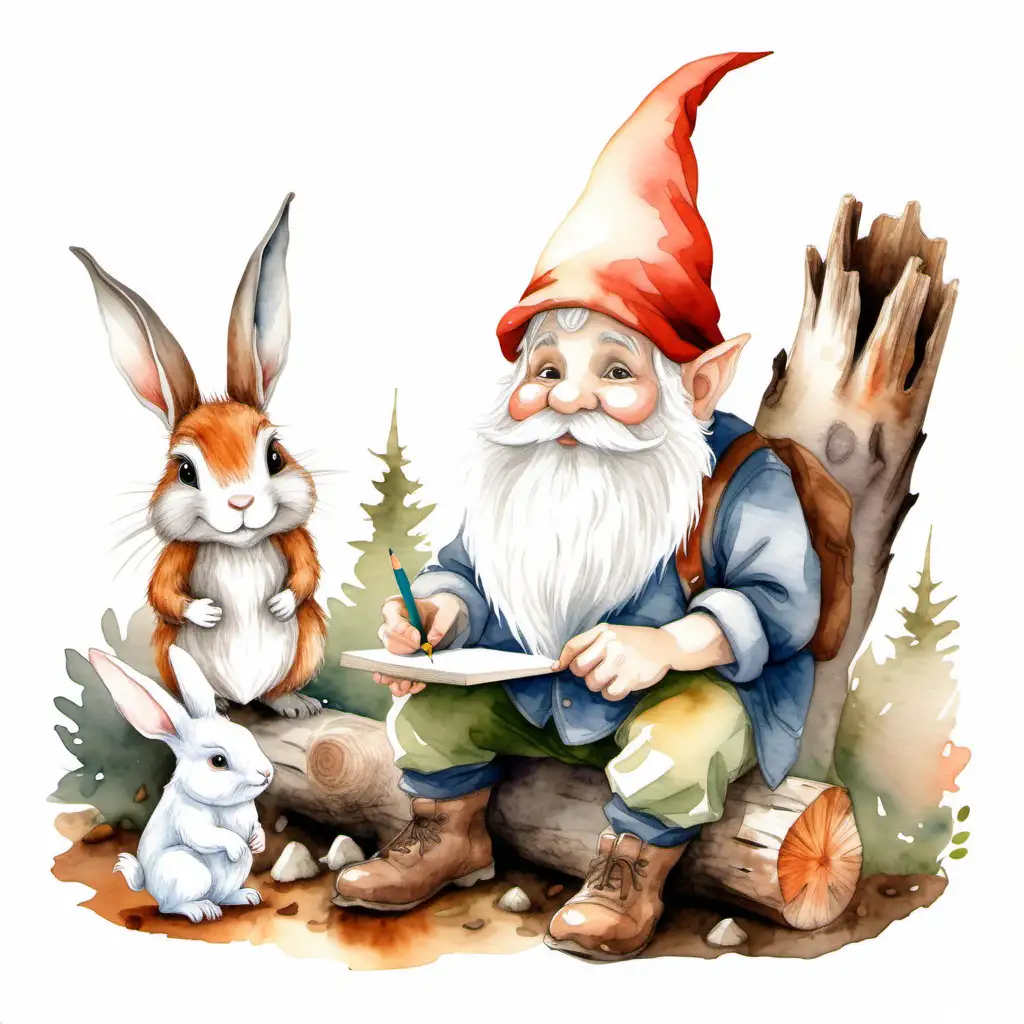 Whimsical Watercolor Illustration Gnome Sketching with Rabbit Companion