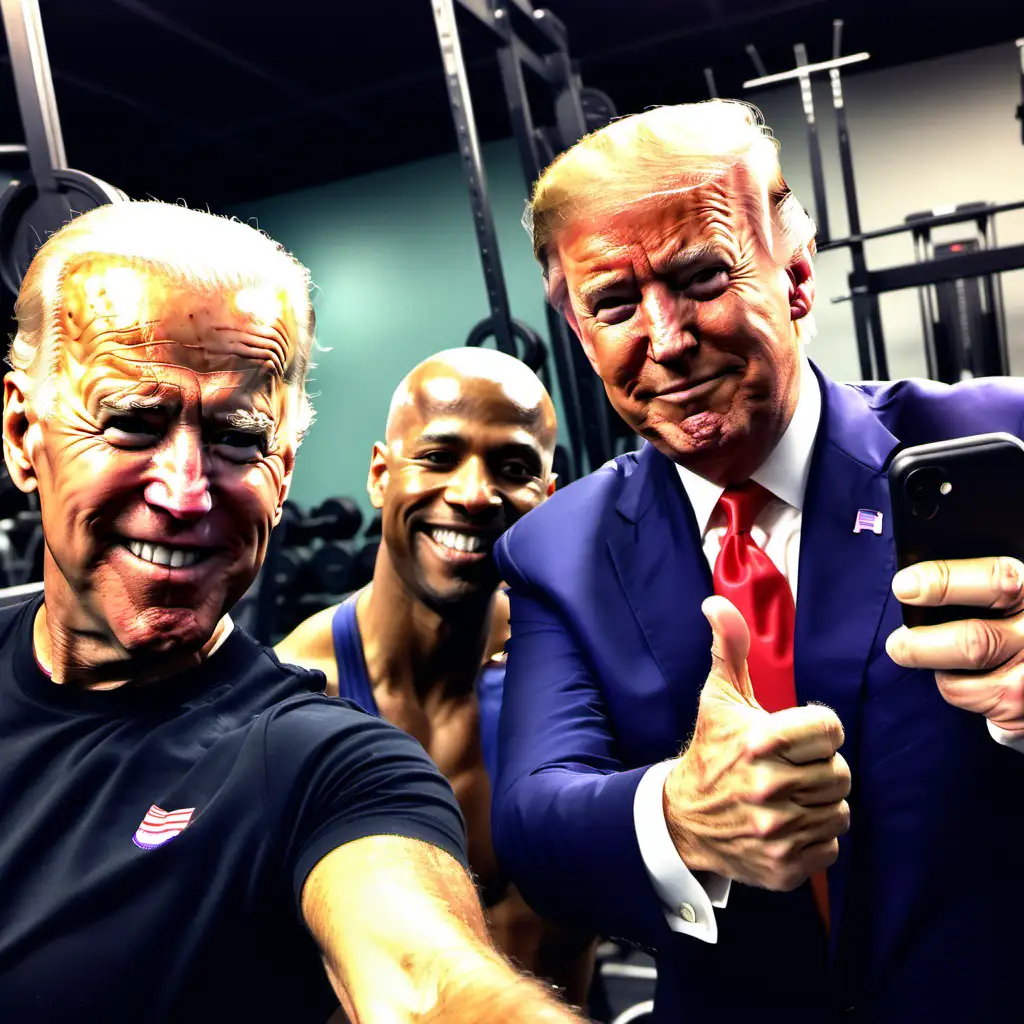 selfie photo of joe biden taking a selfie with donald trump giving a thumbs up, in the gym, just finished workout together, sweaty, strong