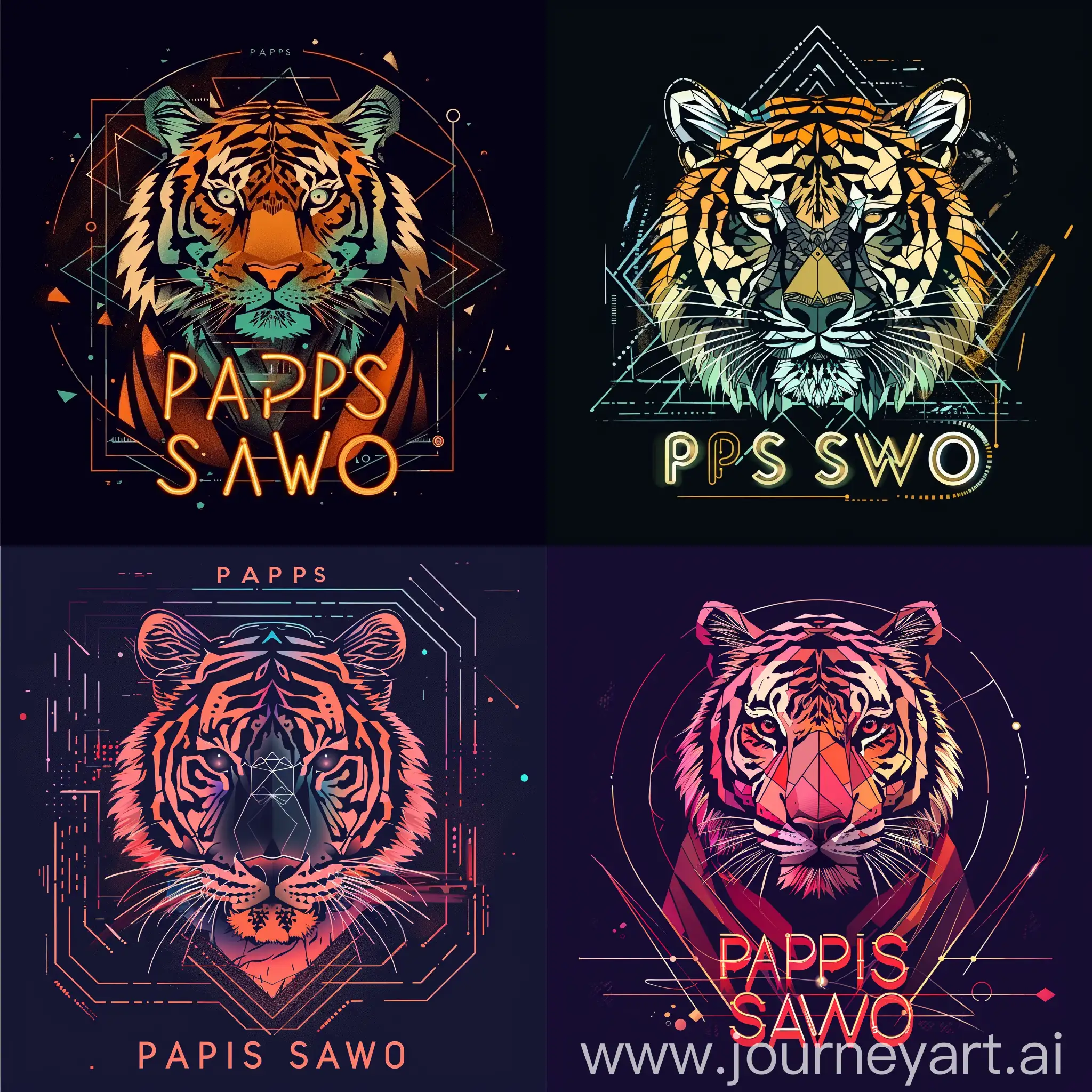 логотип со словами "PAPIS SAWO", с изображением стилизованного тигра в техно стиле, тигр в стилизованном графическом виде с использованием геометрических форм и цифровых элементов, чтобы подчеркнуть техно-стиль логотипа, неоновый шрифт для надписи "PAPIS SAWO", добавит эффектного контраста и привлечет внимание к логотипу