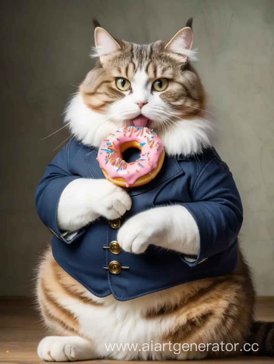Кот в сапогах, толстый, ест пончик, портретная съёмка