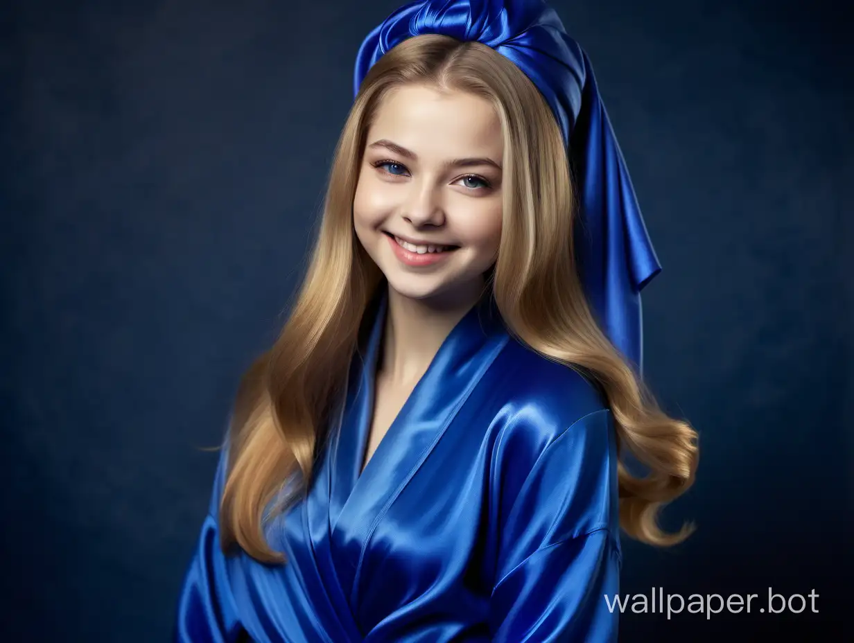Gentle, sweet, Sexy, sunny Yulia Lipnitskaya with very long straight silky hair beautifully smiling in Luxurious royal blue Silk Robe with royal blue silk towel turban