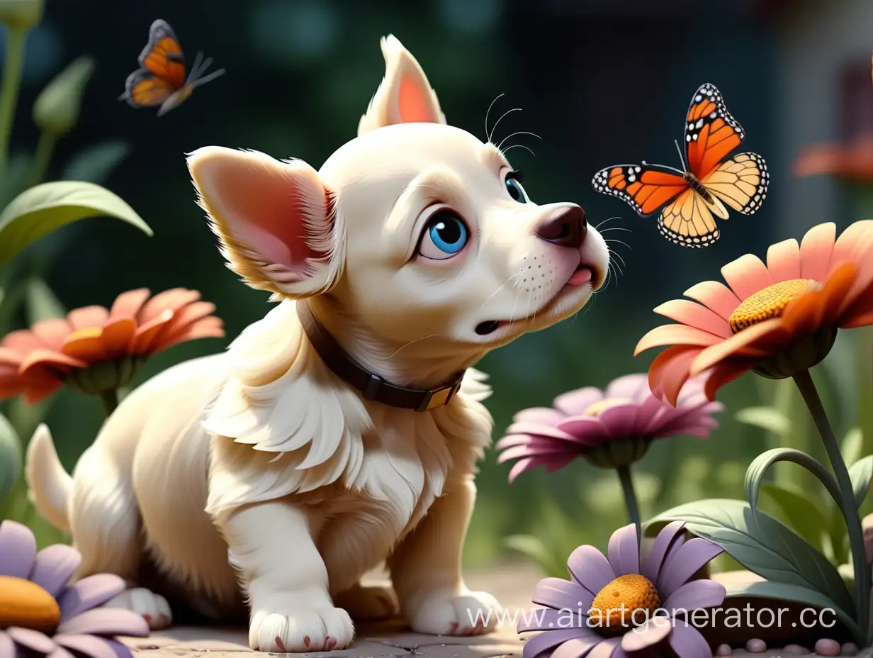 щенок смотрит на бабочку, которая сидит на цветке