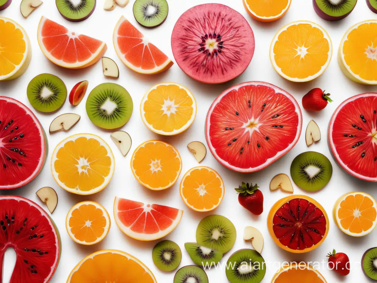 PIECES OF FRUIT, SLICES, WELL-ORDERED, WHITE BACKGROUND, VIEW FROM ABOVE