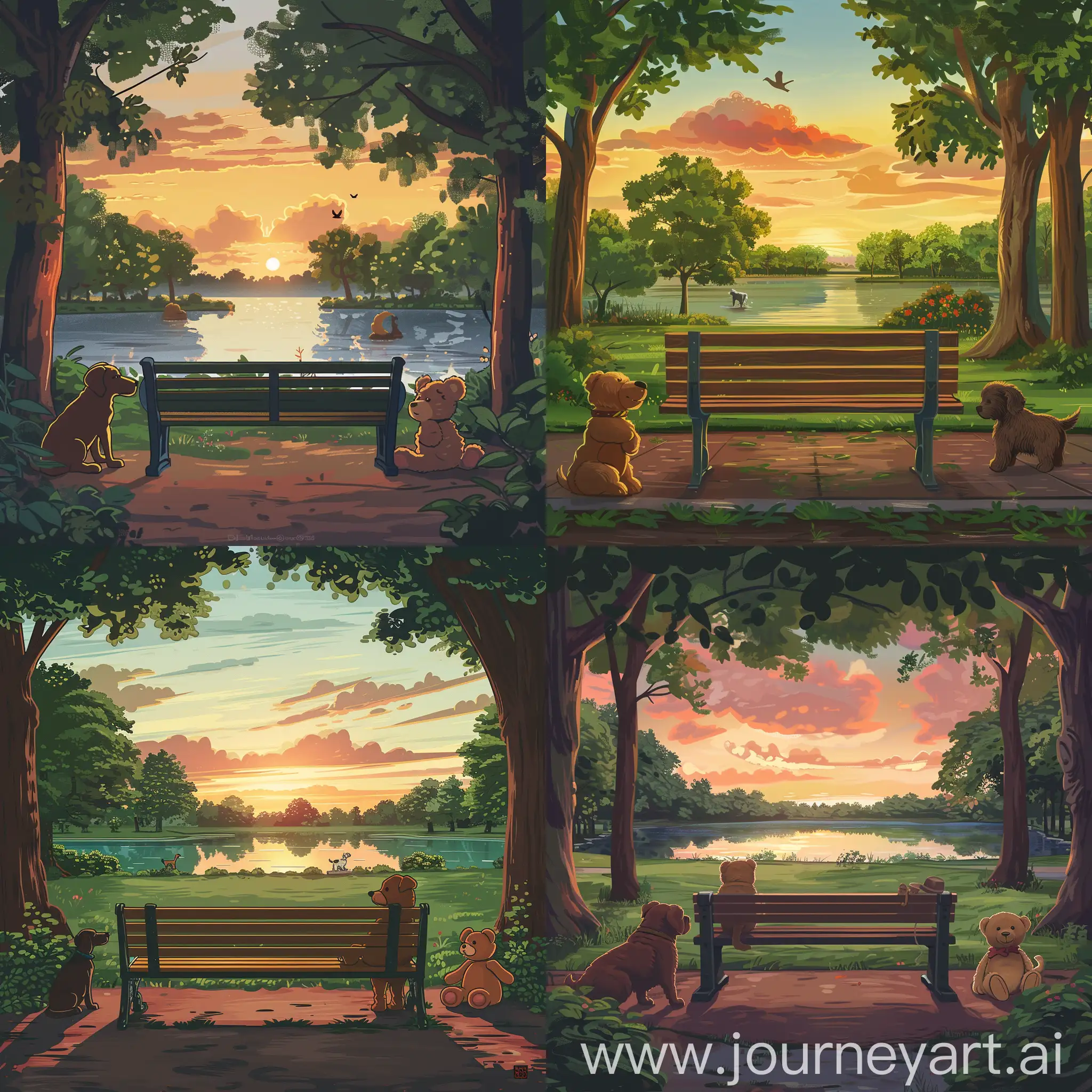 Sunset-Park-Bench-with-Dogs-by-the-Lake