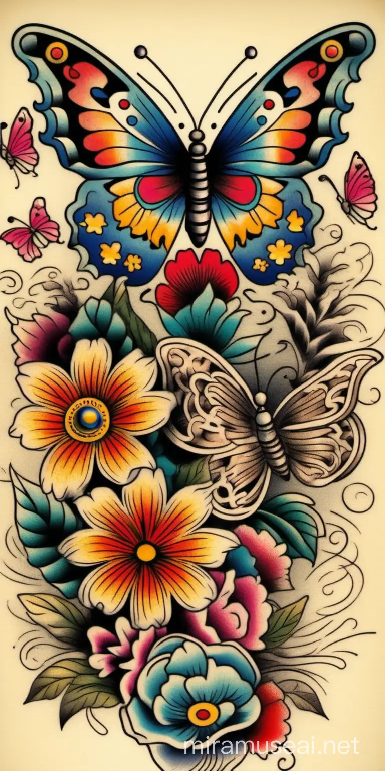 colourful intricate vintage tattoo design, flowers, butterflies
