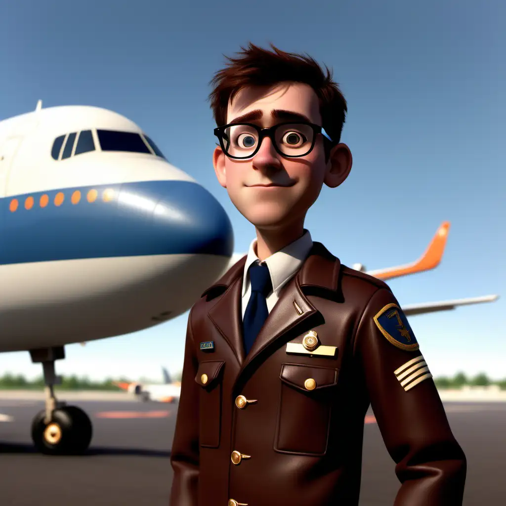 Style pixar, 
Pilote d'avion,
garçon 
Grand,
brun, lunette, un peu geek,
tarmac aéroport,