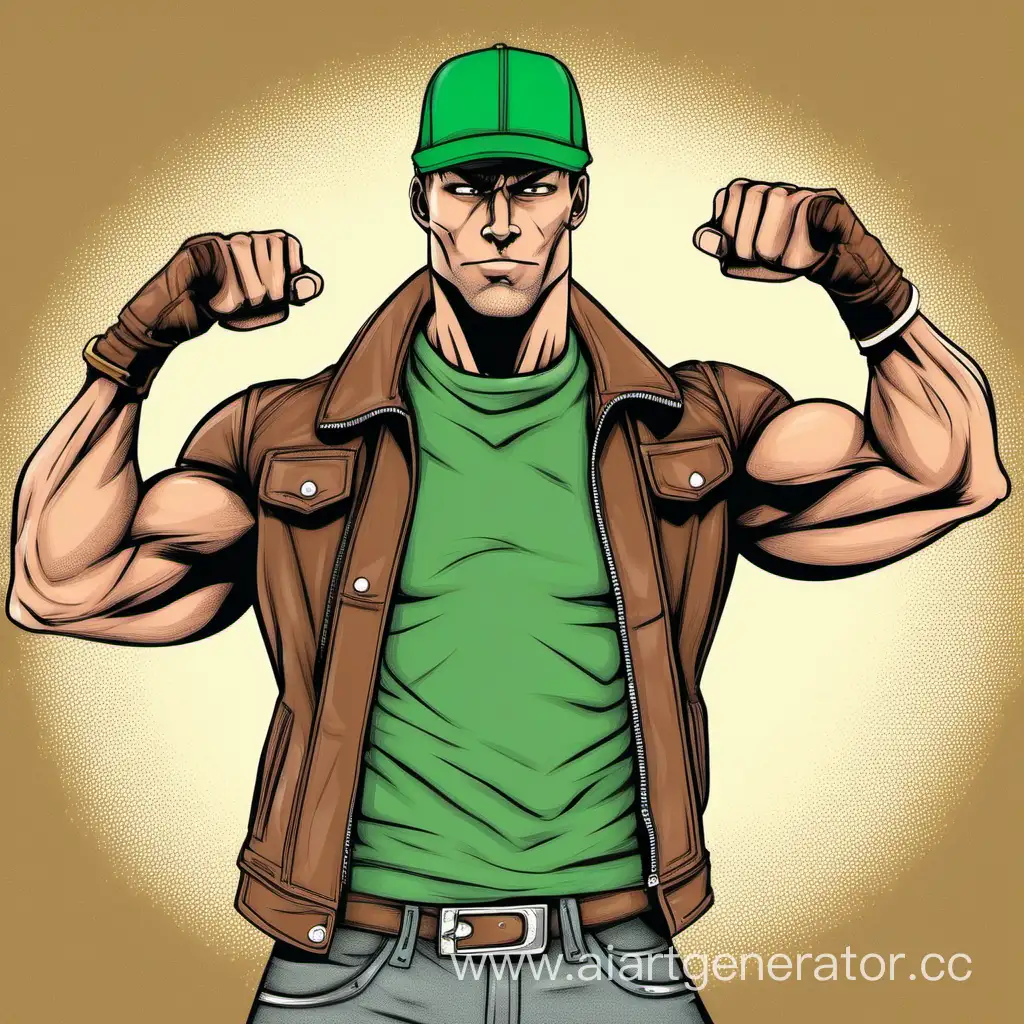 накаченный мужчина в зелёной кепке в линию, одетый в коричневую кожаную куртку, показывает мускулы рук