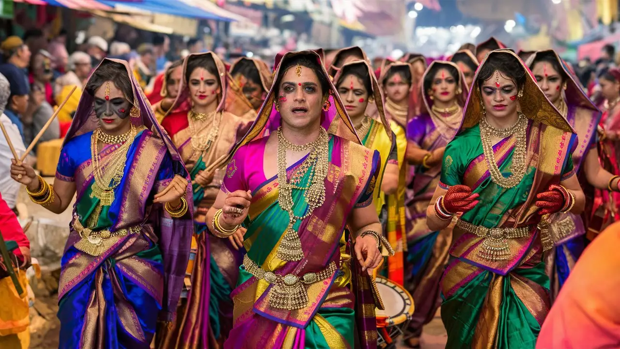 Show indian men dressed as women, wearing colorful sarees, elaborate jewelry and makeup, participating in the festival procession