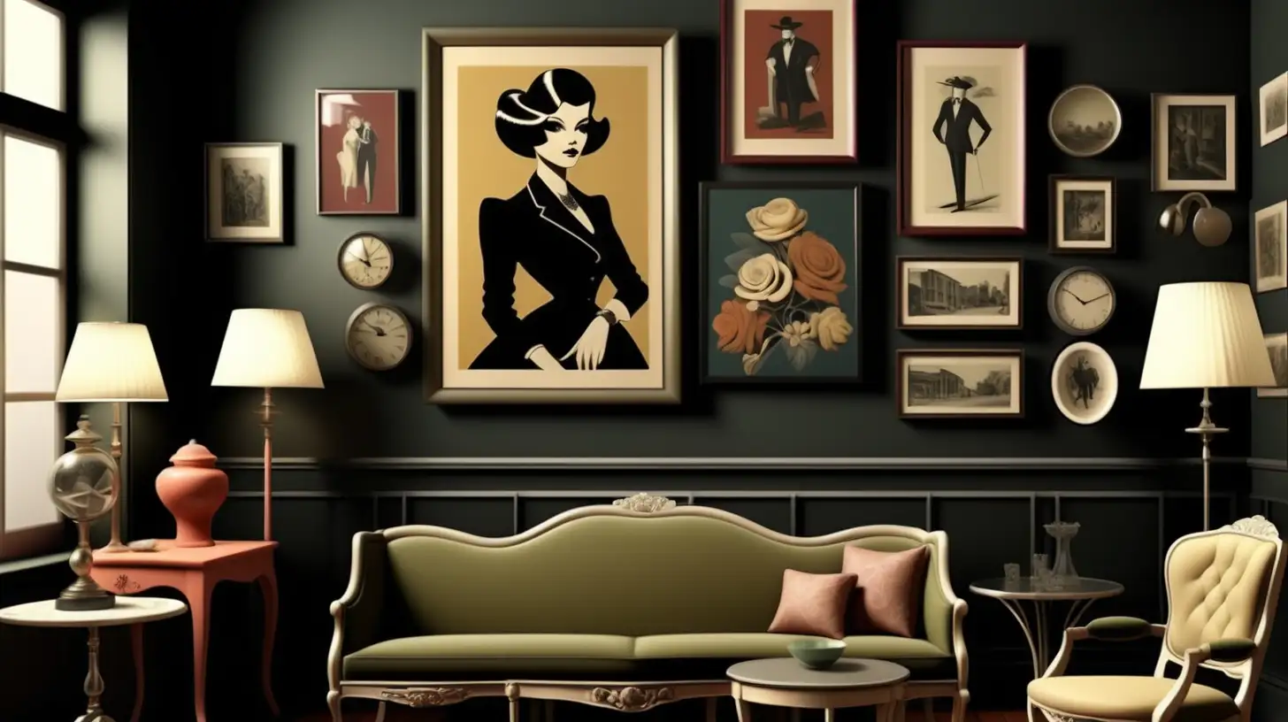 Capture the essence of vintage wall art and anti minimalist aesthetic but deep  moody colors. Evoke a sense of nostalgia and sophistication that would resonate with mob bosses wife who is a vintage collector. 