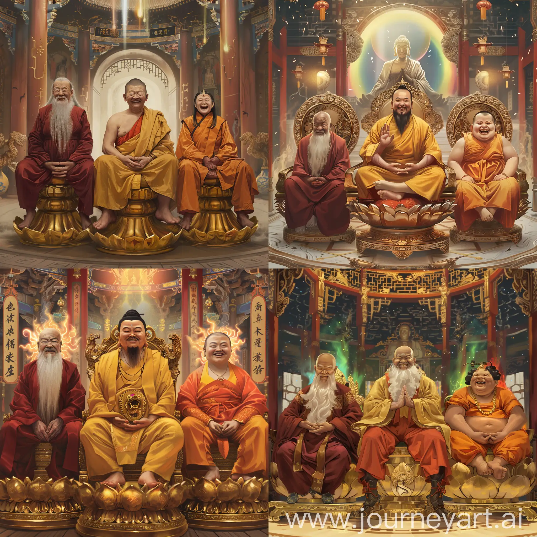 Painting mode: three people are in mediation on their golden lotus thrones.

At left, an serious old Chinese Buddhist senior with long white beard and deep red Chinese Buddhist clothes.

In the middle, a elegant and serious Indian lord Gautama Buddha, he has black ushnisha on his hair, he wears deep yellow Chinese Buddhist clothes.

At right, a Chinese chubby laughing monk with orange clothes and brown pants.

They all have aurora behind their heads, they are inside a splendid Chinese Buddhist temple.