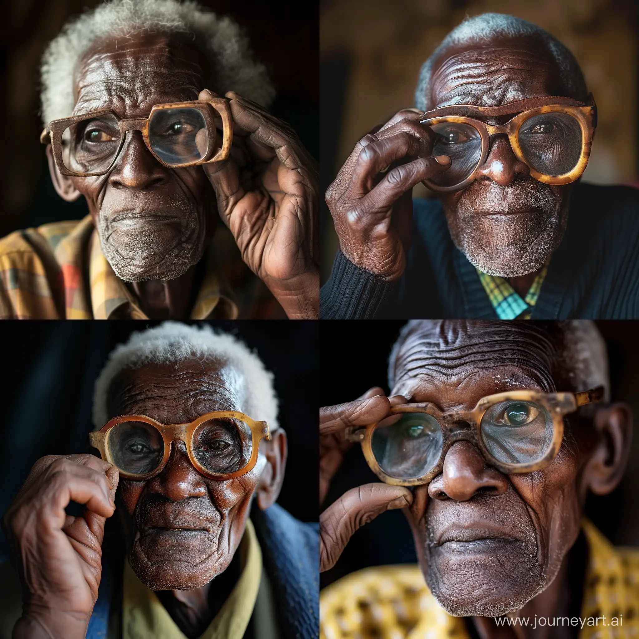 African old man wearing old slightly oversized glasses. He is adjusting the glasses with one hand