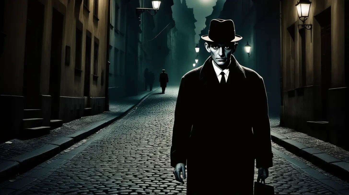 Film Noir Style Portrait of Franz Kafka in Prague Street Scene