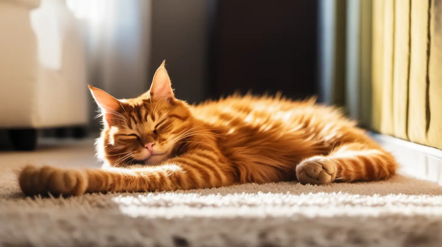 A ginger cat stretching lazily on a plush carpet, its wide eyes blinking sleepily in the afternoon sunlight.