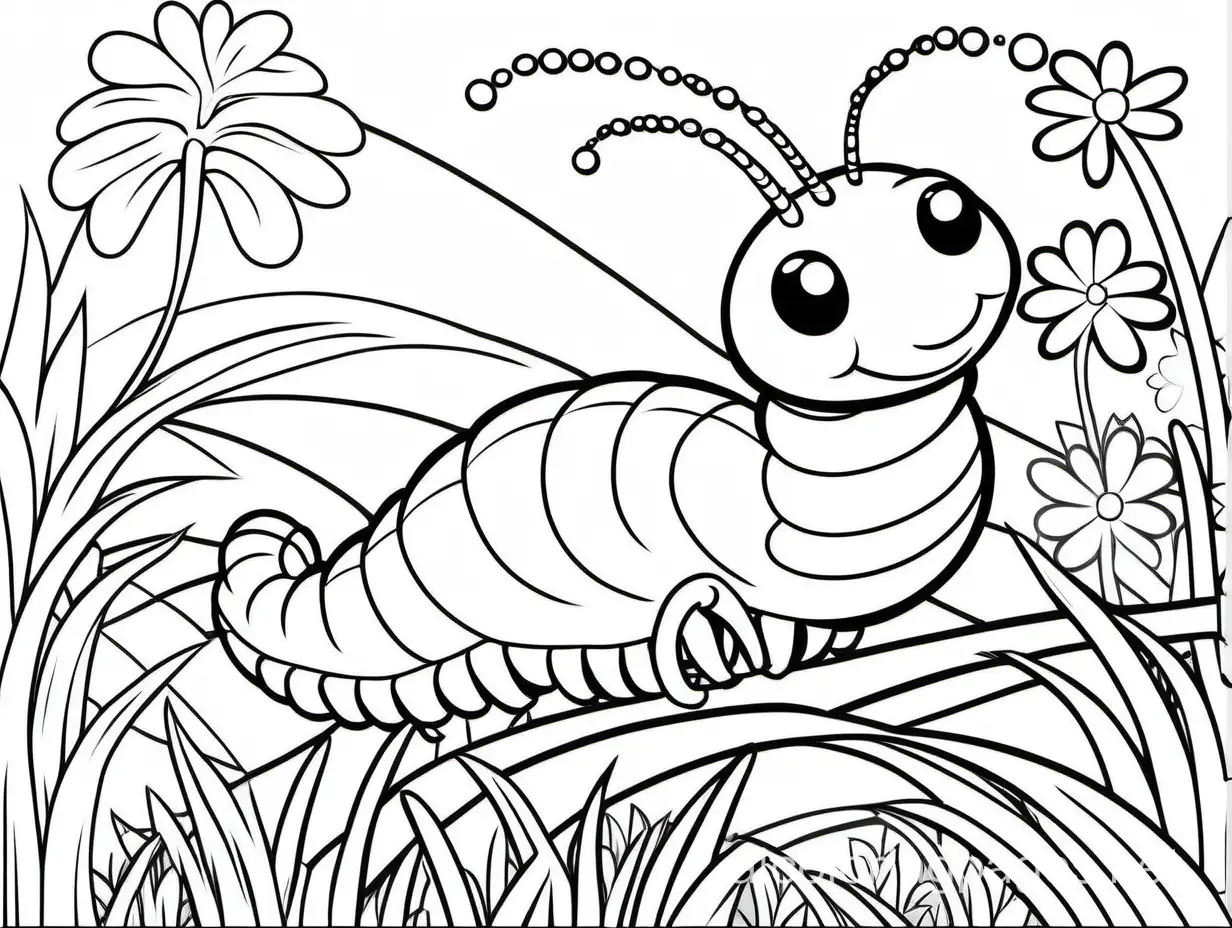 illustration, only thick outlines, no grayscale, white background, for kids to color, cartoon style, cute inchworm, garden, Coloring Page, black and white, line art, white background, Simplicity, Ample White Space. The background of the coloring page is plain white to make it easy for young children to color within the lines. The outlines of all the subjects are easy to distinguish, making it simple for kids to color without too much difficulty