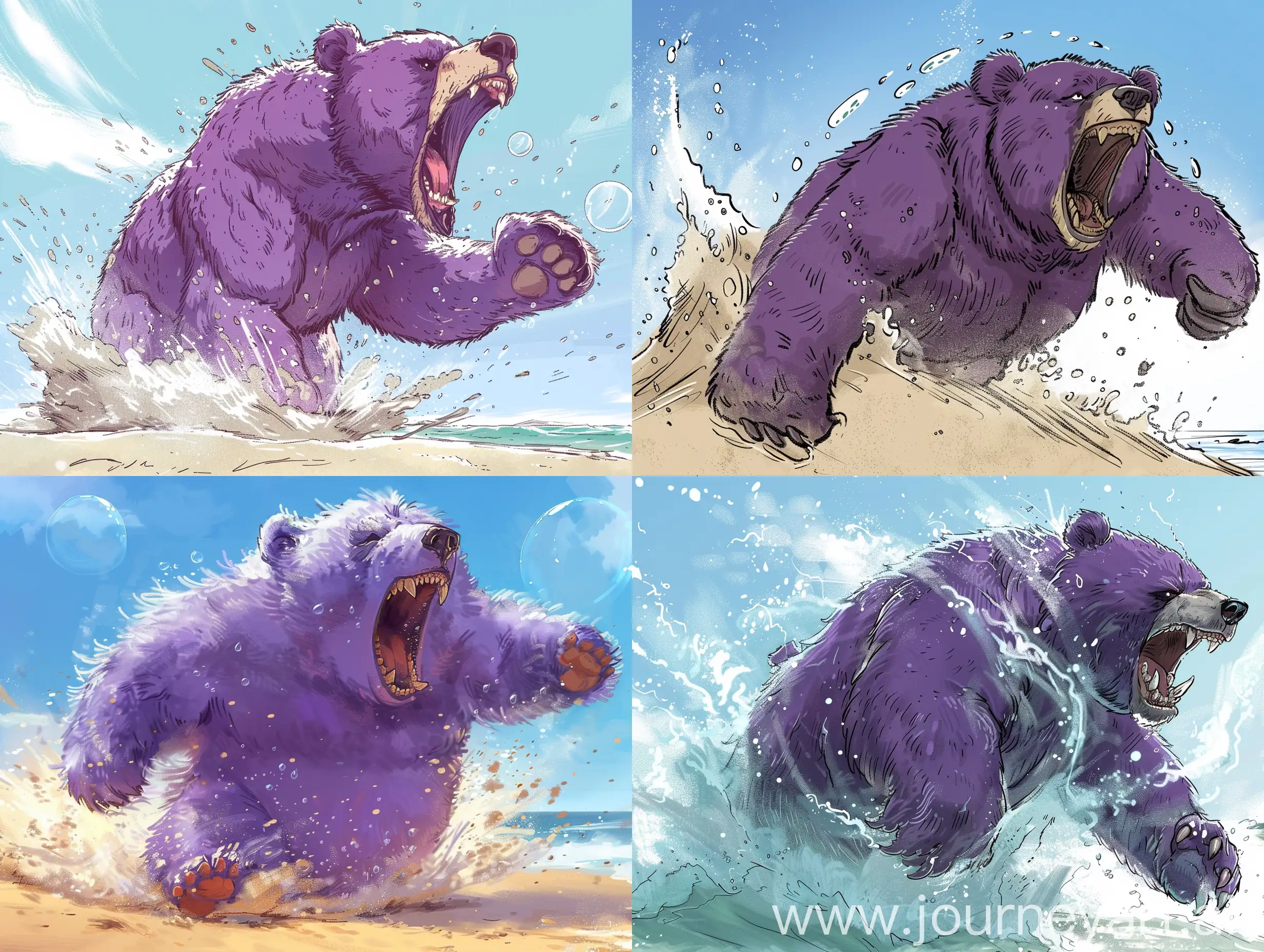 a cartoon of a big purple bear roaring into the air. I hate short boarders in a transparent speach bubble. bear to be salty from the ocean with mattered hair and specks of beach sand.