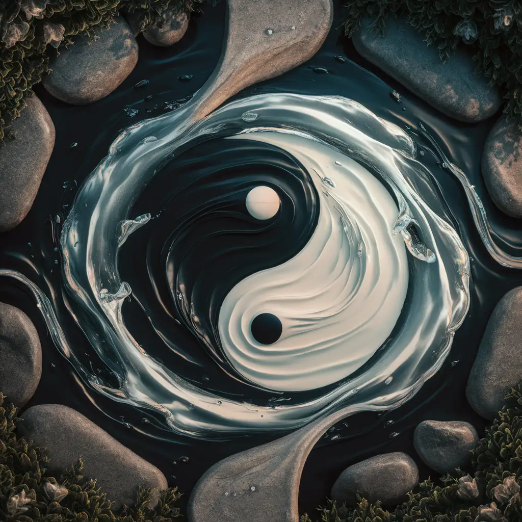 Create an image illustrating water swirling in a yin-yang polar formation, symbolizing the 'way of water.' The water should exhibit graceful, flowing movements, forming a yin-yang pattern that represents the harmony and balance inherent in water's nature. The overall composition should evoke a sense of fluidity and tranquility, reflecting the essence of way of water