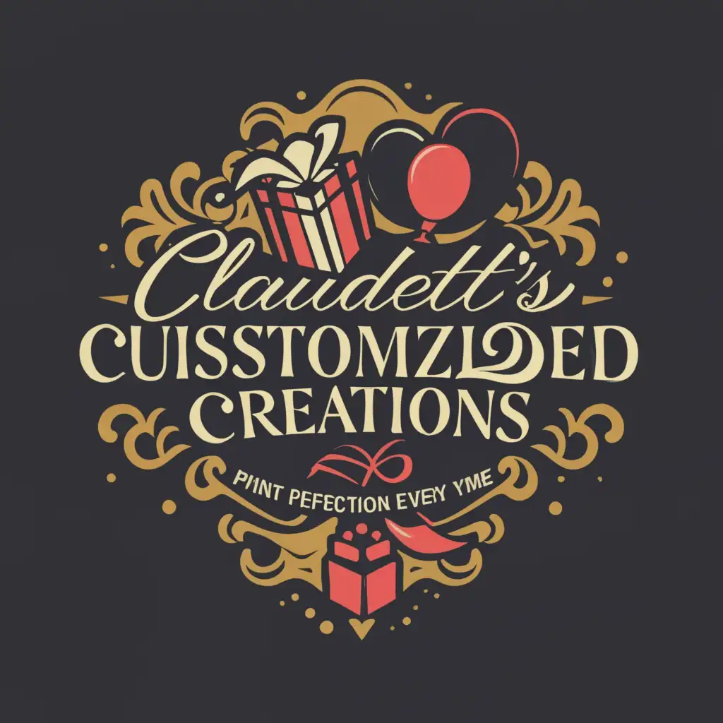 a logo design,with the text 'Claudett's Customized Creations Print perfection everytime', main symbol:balloons, gifts, party,complex,be used in Events industry,clear background