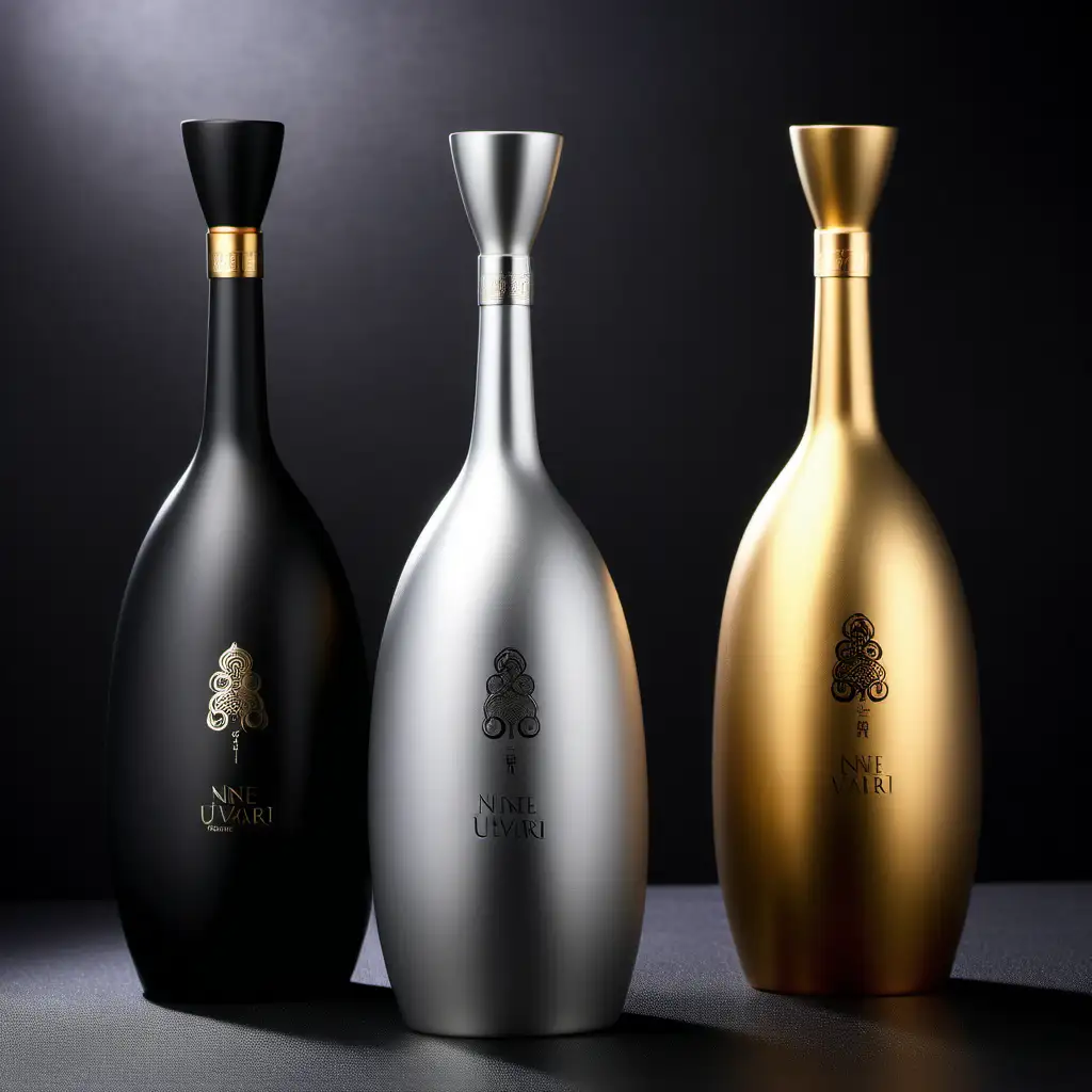 台湾酒瓶造型设计，高端酒，不透明陶瓷哑光，酒名玖莼，精密的产品照片图像，高细节，银黑金，三套不同的造型方案，酒瓶形状像bell