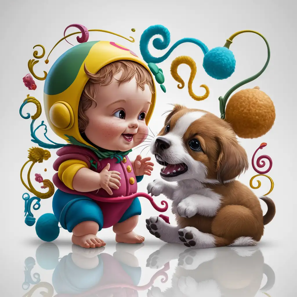Adorable Child Playing with Puppy Cartoonish Fun in Detailed Digital Art