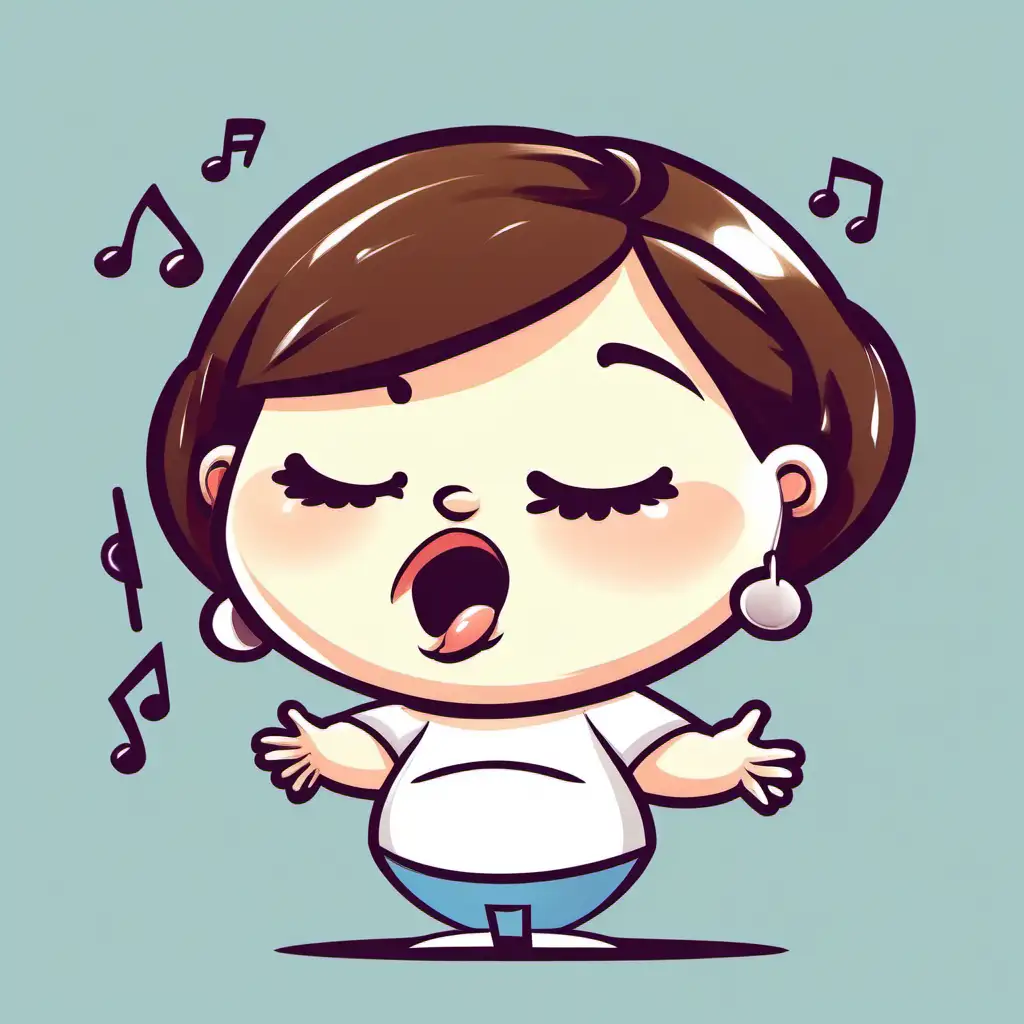 Cartoon white chunky woman short brunette hair, whistling a tune