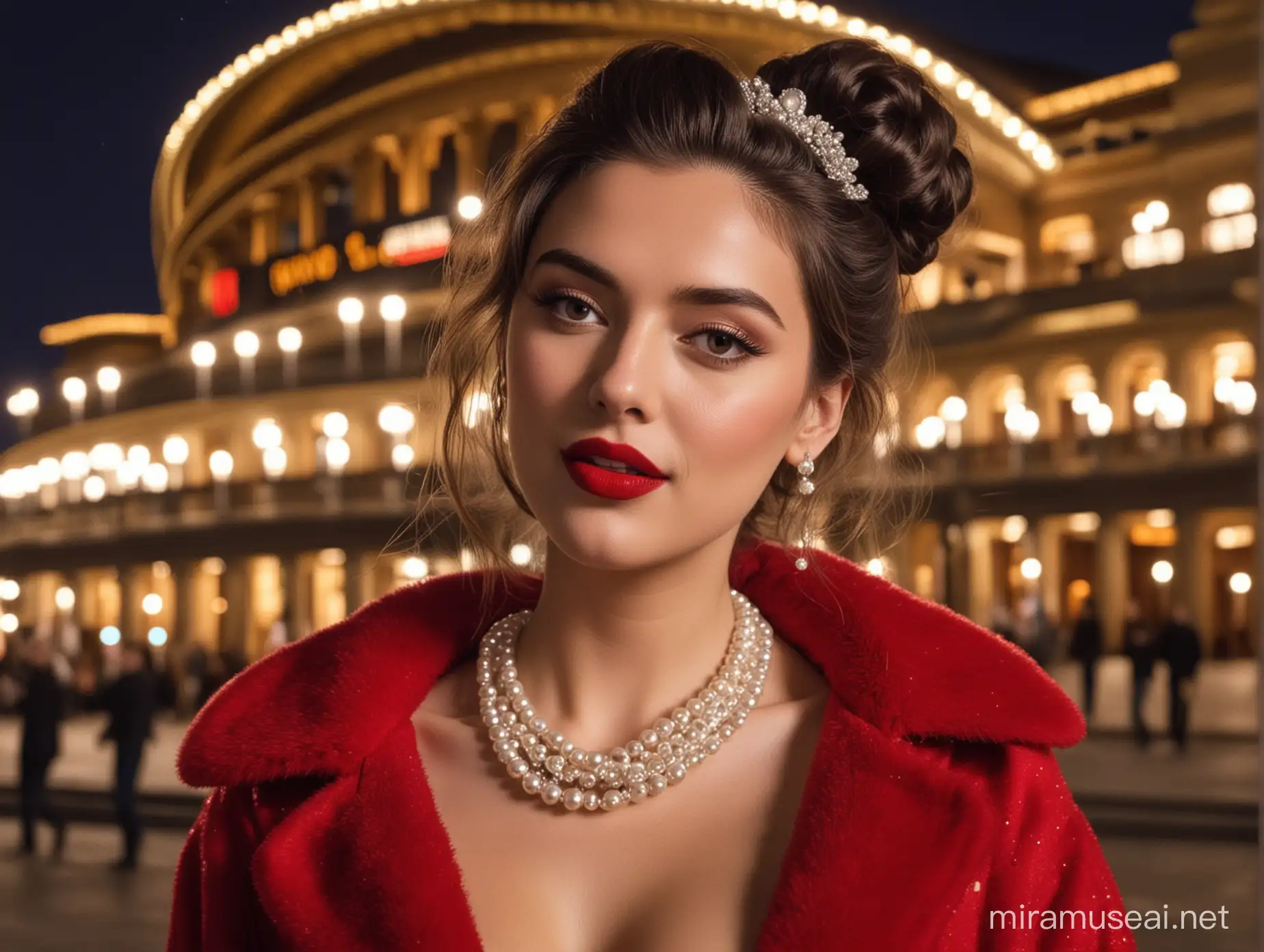 A party girl in a pearl necklace wearing a red lipstick and elegant coat runs out of the opera house, she lets her hair down from her bun and is going to a night party