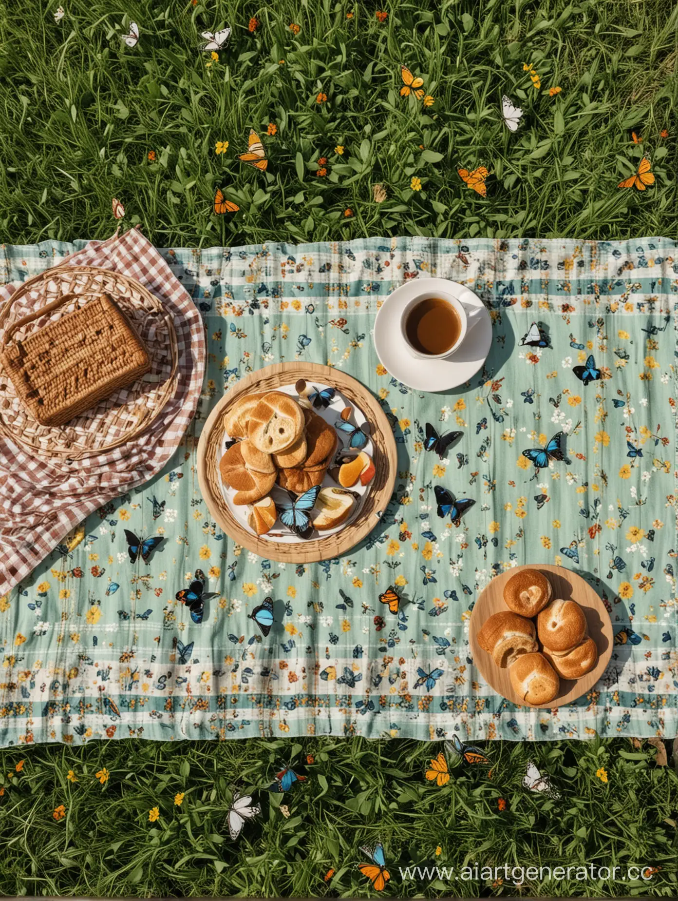 Кофе на пикнике, зеленое поле, бабочки, птицы