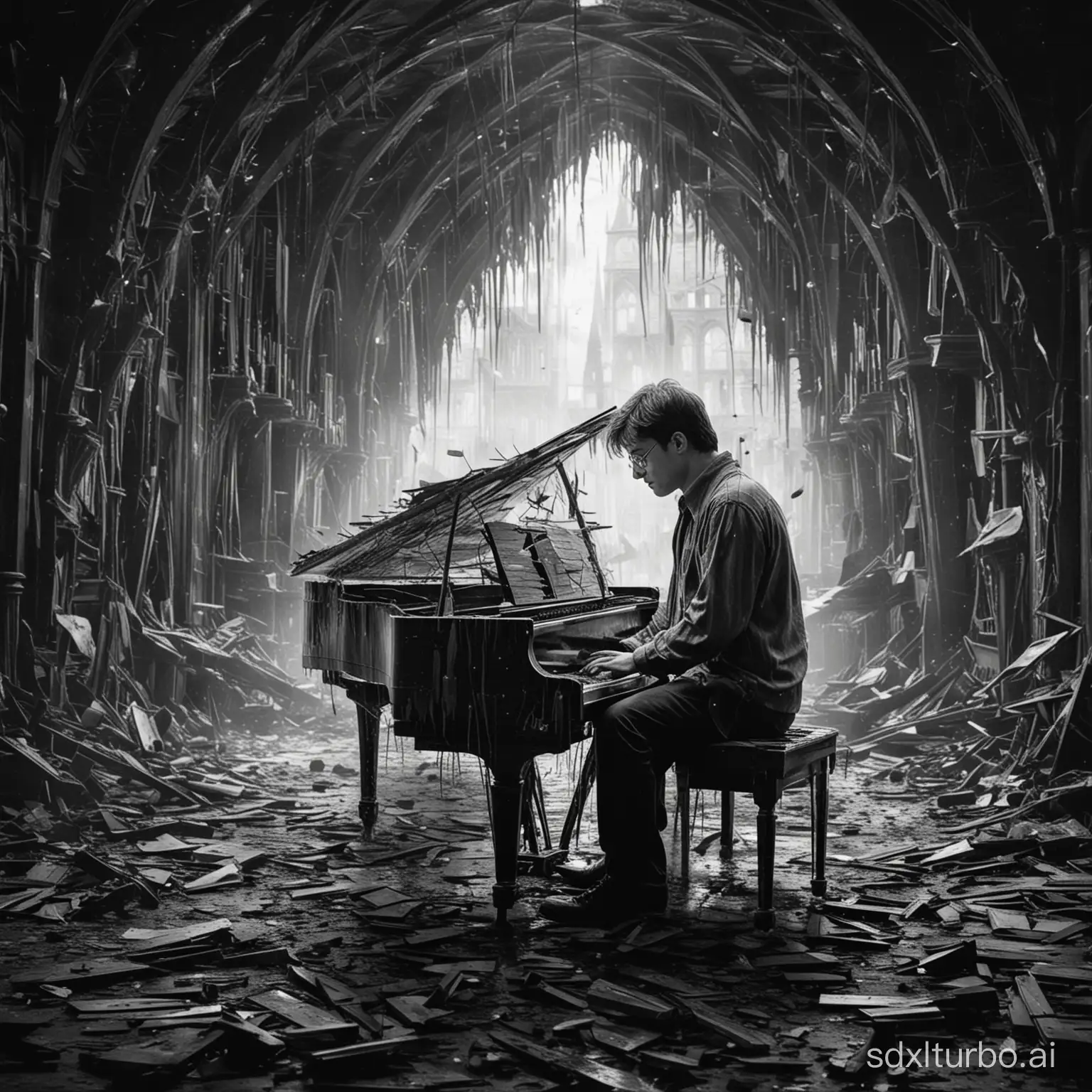 double exposure of a sad harry potter surrounded by a broken piano in a black and white environment