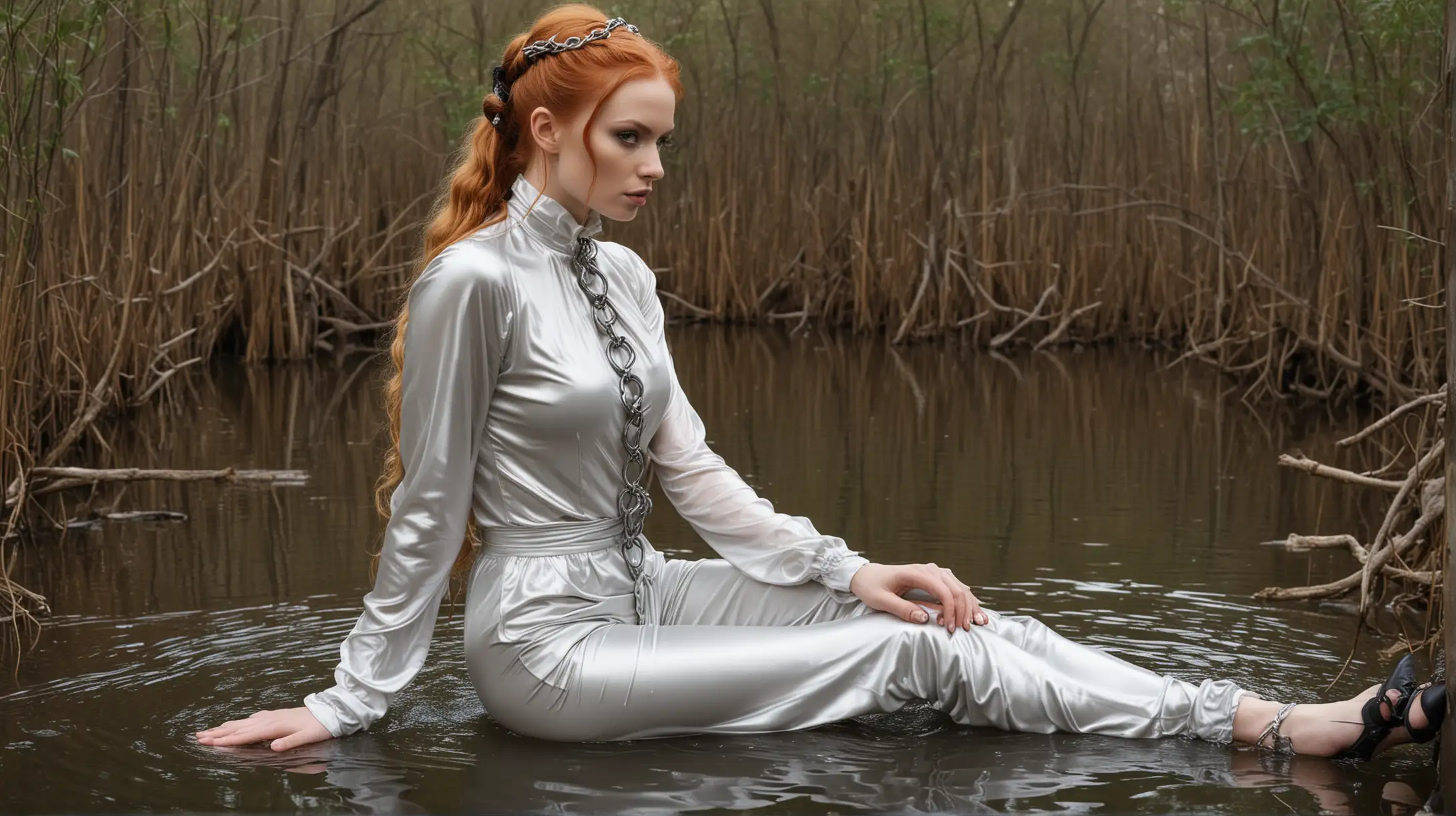 in prompt can be only one women Curlly ginger very long ponytail hair model Poses Nude  in Translucent platinium full-body satin suit lonf sleeves and long pants  in the style of a French maid outfit wet as  chained slave in swamp monster 
