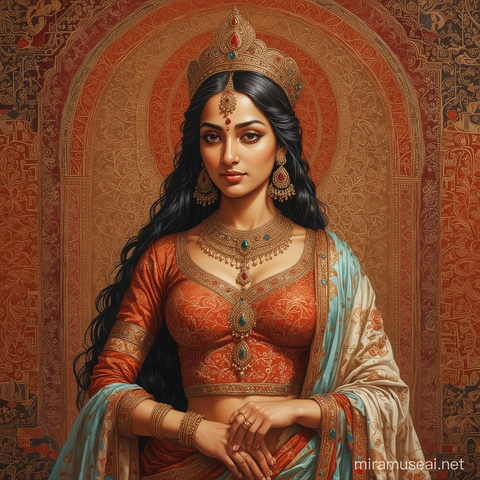 an indian queen of 14th century of rare beauty, royal
 clothes, background with indian tantric patterns, fantasy art, fine lines, textures, ink painting, acrylic, vintage, patchwork, detailed illustration of a collection of short stories, surrealism, Tyndall effect 9, dynamic lighting, sfumato, perfect proportions, high detail, full body